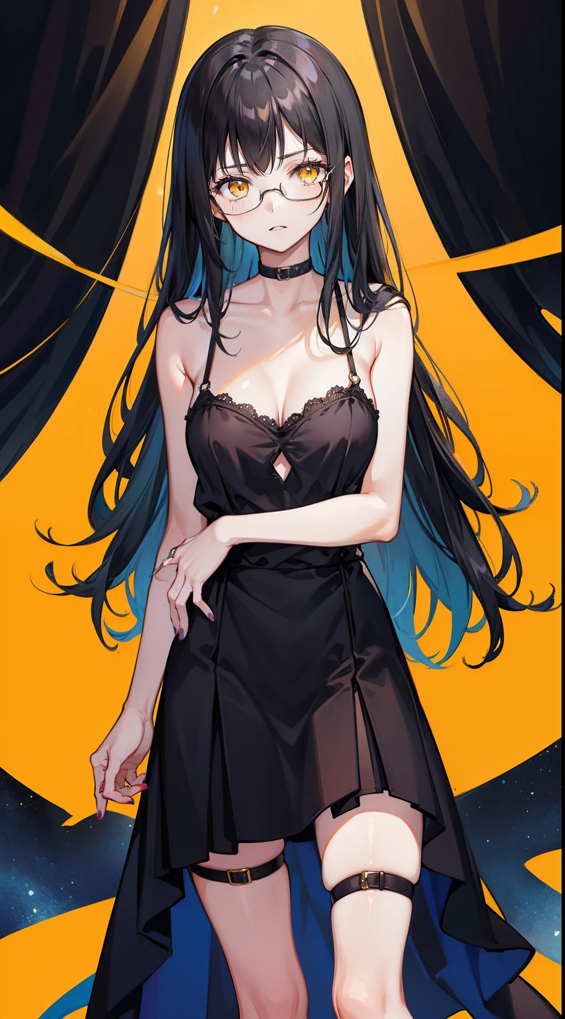 masterpiece, highlydetailed, ,{black hair} (long whitr hair)(Lateral hair)(Shawl hair)(hair straight),(fleshy feeling),(fleshy legs),(glasses),(Yellow eyes),1girl, bare arms, bare shoulders, black dress, black hair, breasts, collarbone, cowboy shot, dress, grey background, head out of frame, long hair, nail polish, skirt, solo, thigh strap