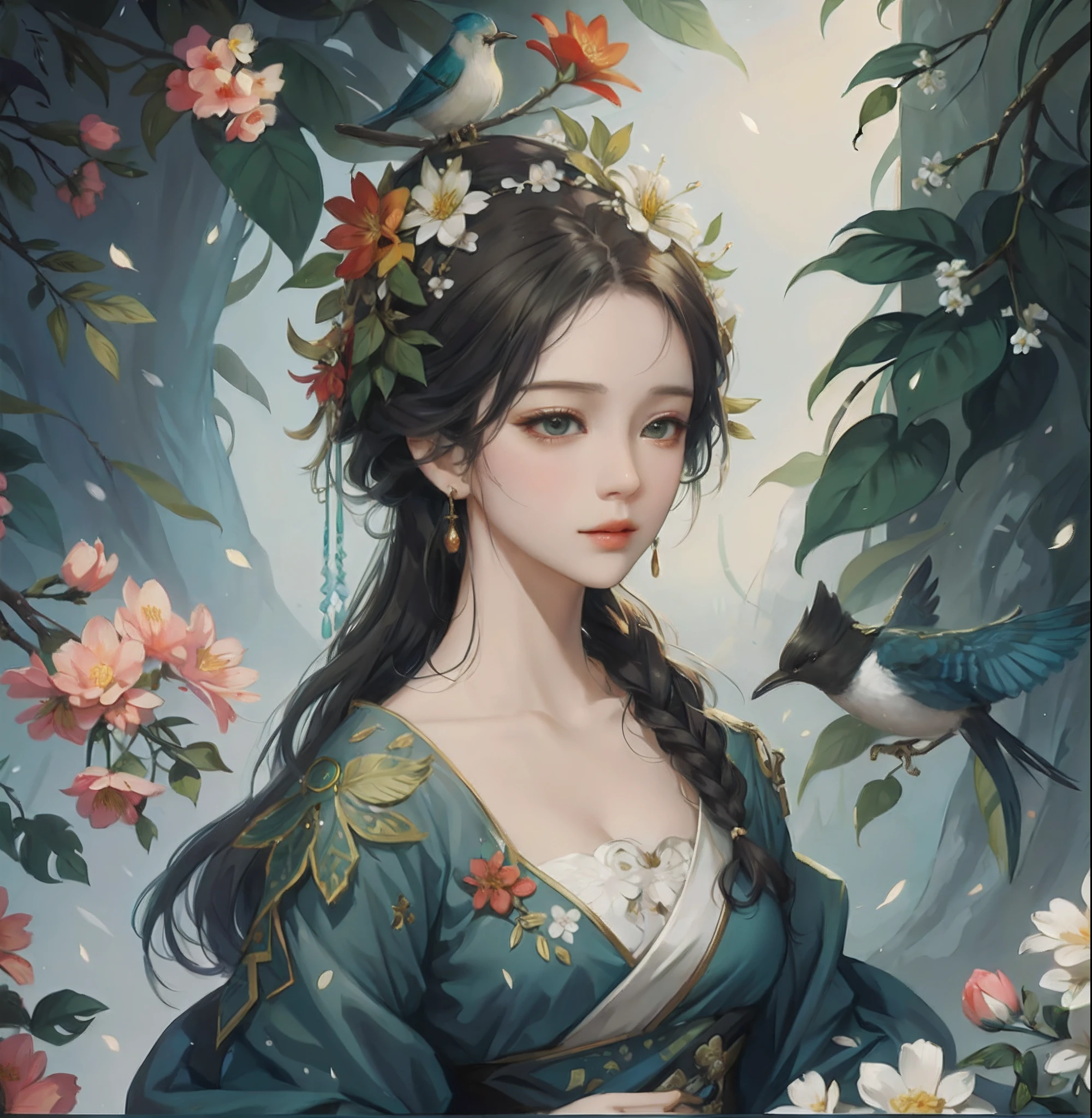 there is a woman with a bird and flowers in her hair, Guviz-style artwork, Beautiful character painting, A beautiful artwork illustration, by Yang J, Beautiful digital illustration, Beautiful digital artwork, Beautiful art UHD 4 K, Palace ， A girl in Hanfu, Fantasy art style, By Li Song, Exquisite digital illustration, beautiful fantasy art portrait