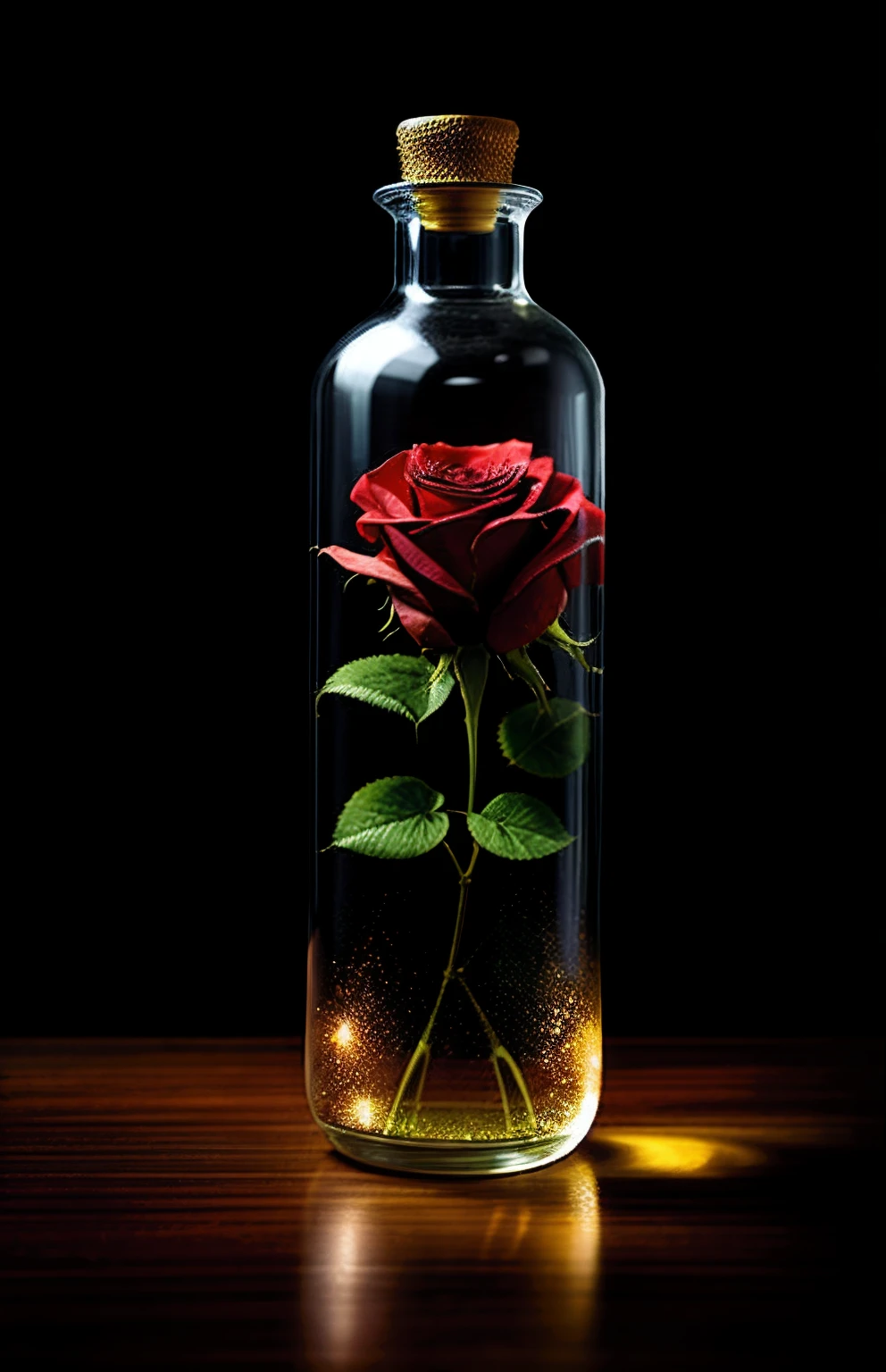Roses inside a fluffy glass bottle, realisticlying, Atmospheric light refraction, author：Lee Jeffries Nikon D850 Film Photography 4 Camera Kodak Portra 400 Lens F1.6 rich colors Realistic textures Ultra-realistic lighting Drama Engine Unreal trends in Art Station Movie Still 800, Glass style