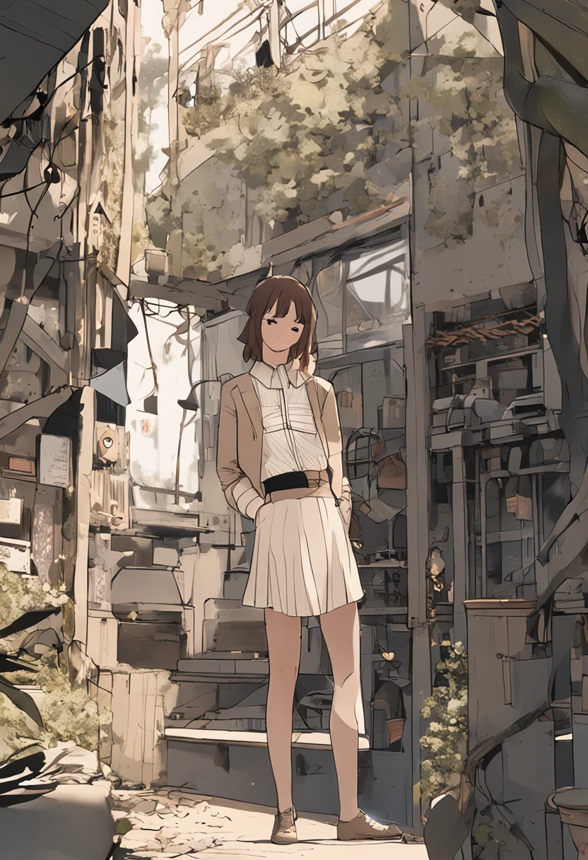 There are two people, a man and a woman.、Slender woman being pooped by a man、Delicate brown hair,A slight smil、Black tube top、Light cream tulle skirt。Beige boots、Walk straight、Super Detail,Anatomically correct、Ray traching,细致背景、
