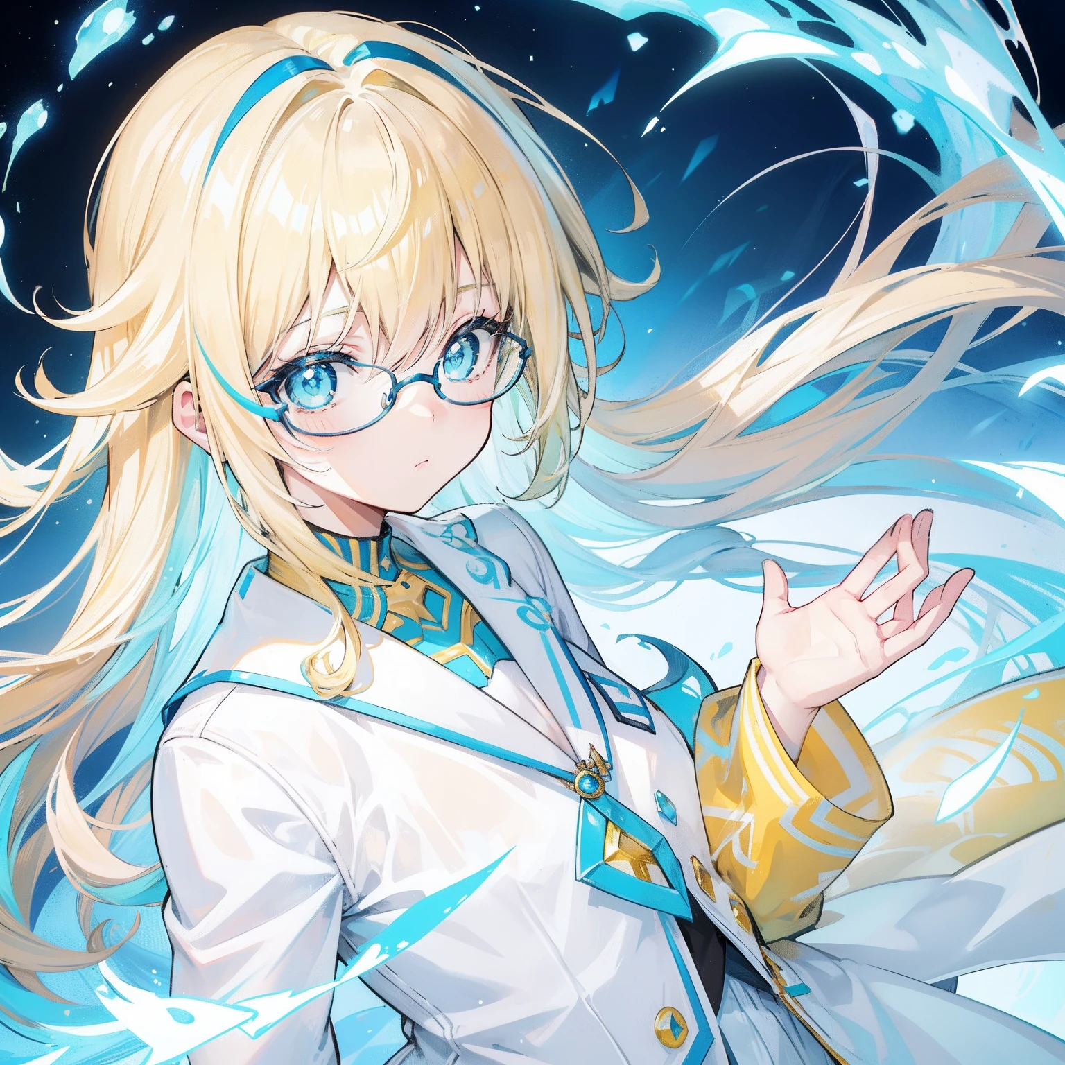 light blues,Yellow hair,Fluorescent milky white,Blue-pink pupils,Black thick-rimmed glasses,Yellow, Blue and white clothes,Super nice looking, Particularly sweet and cute female Aquaman,Light of faith