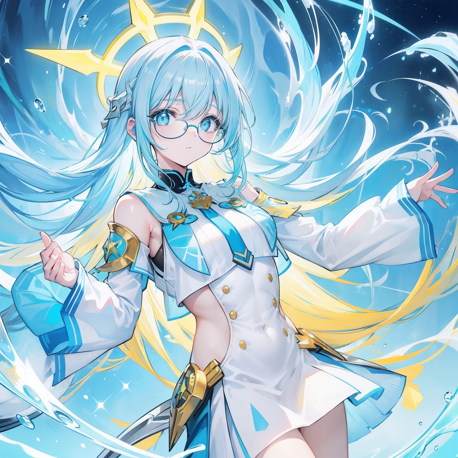 Fluorescent pale bluish-yellow hair，Blue-pink pupils，Black thick-rimmed glasses，Yellow, blue and white clothes，A super good-looking, especially sweet and cute female sea king，The human body generally refers to the light of faith，Looks milky