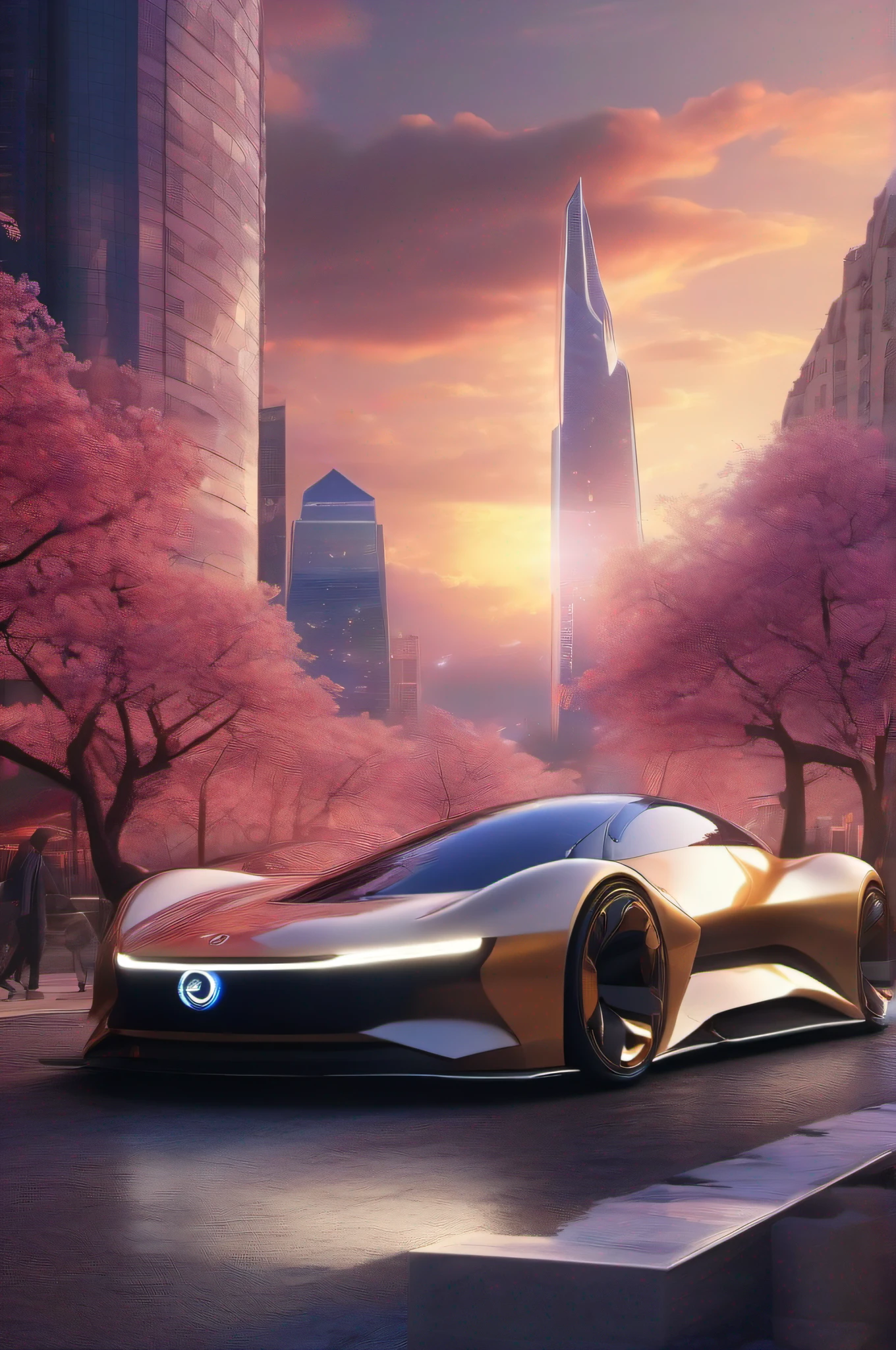 Super EV concept car,Sunlight,Cherry Blossom Tree,Glaciers,New City Center,lightning,visually stunning, iconic, dramatic,Stunning sunset over a futuristic city, with towering skyscrapers, golden hour lighting and dramatic clouds, high detail, moody atmosphere