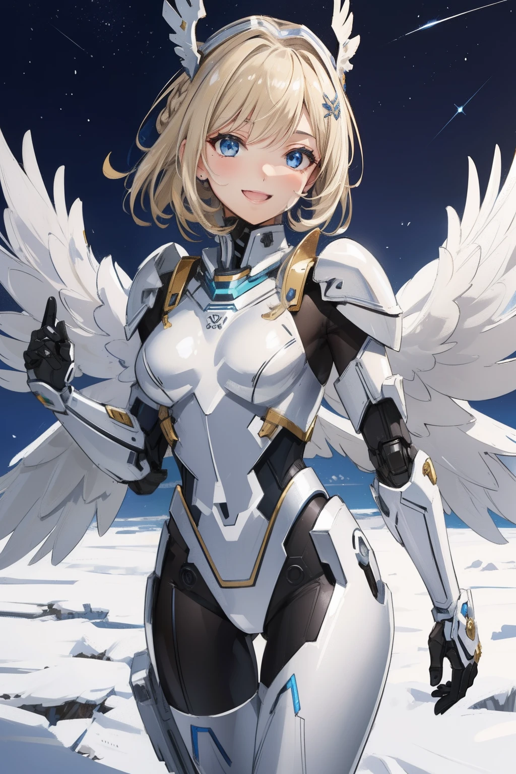(master piece, Best Quality), Intricate details, valkyrie, kawaii, Happy smile, (((Laugh))), Hand up, Looking at Viewer, Feather Headgear, night sky
1 girl, Solo, Portrait, Tentacle ash blonde hair, mini wings, single thighhigh, Independent single sleeve, gloves,
mecha musume, Droid, mechs, white bodysuit, silver reinforced suit, silver pantyhose, full armor,