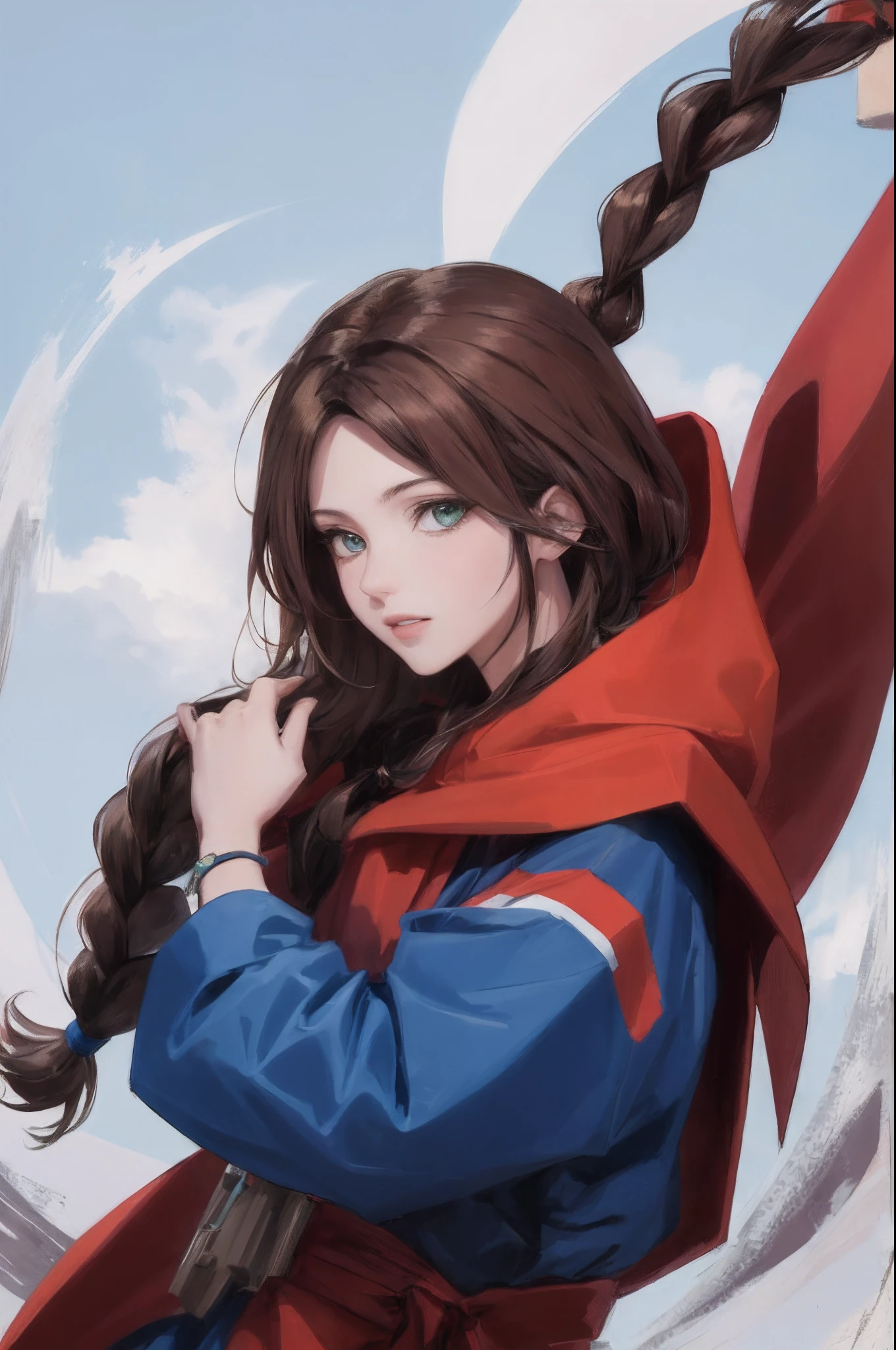 Personagem de anime, brown hair with blue tips with braid, roupa estilo ninja cor vermelha e azul