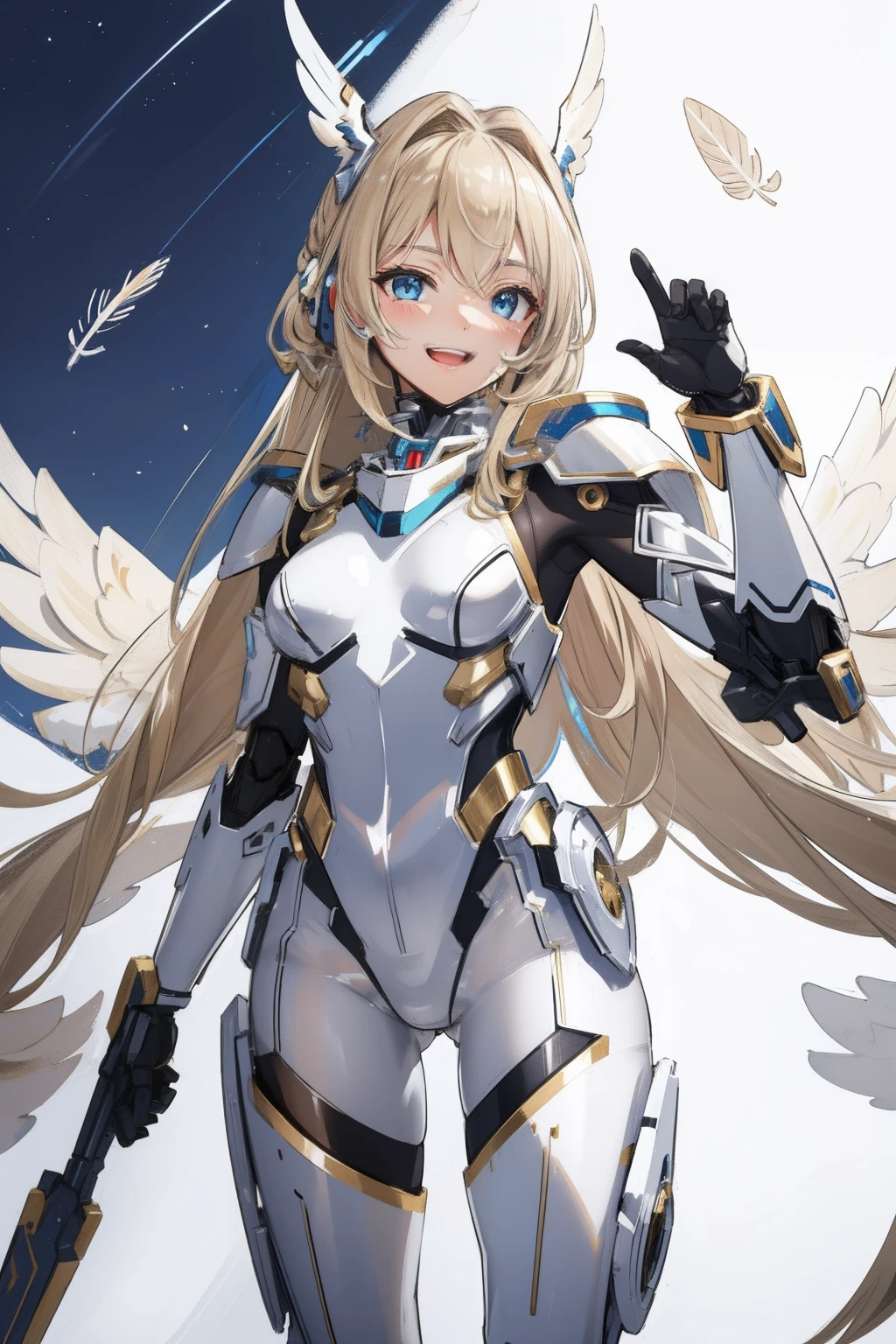 (​master piece, Best Quality),  Intricate details, valkyrie, kawaii, Happy smile, (((Laugh))), Hand up, Looking at Viewer, Feather Headgear, night sky
1 girl, Solo, Portrait, Tentacle ash blonde hair, mini wings, single thighhigh, Independent single sleeve, gloves,
 mecha musume, Droid, mechs, white bodysuit, silver reinforced suit, silver pantyhose, full armor,