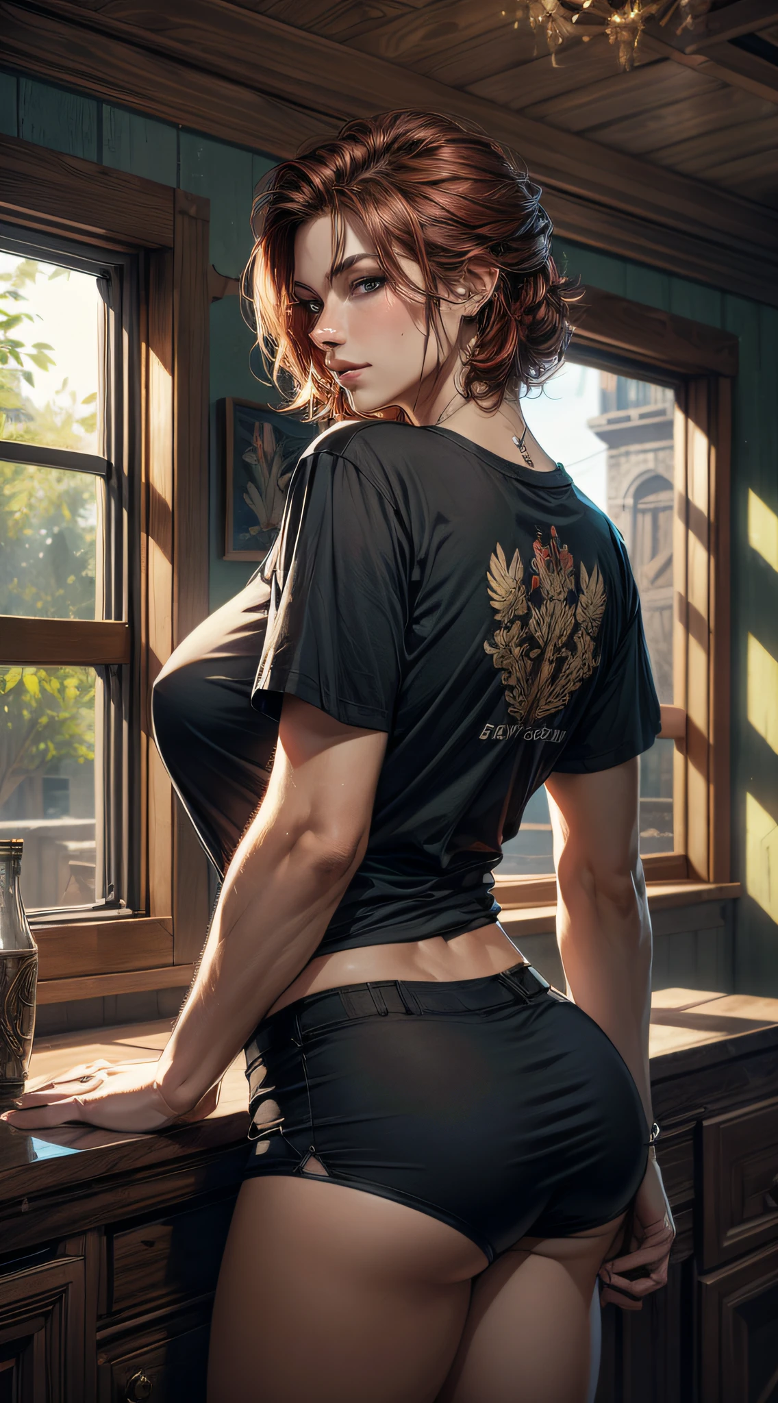 beautiful woman, big breasts, black T-shirt, very short shorts, smirk, (T-shirt has the words "LUCASTOS":1.5), short hair, back view, looking at viewer, cowboy photo, (hyperdetailed, epic realism: 1.2), intricate detail, redhead, green eyes, indoors, detailed background, (hyperrealistic, award-winning 8K artwork: 1.2)