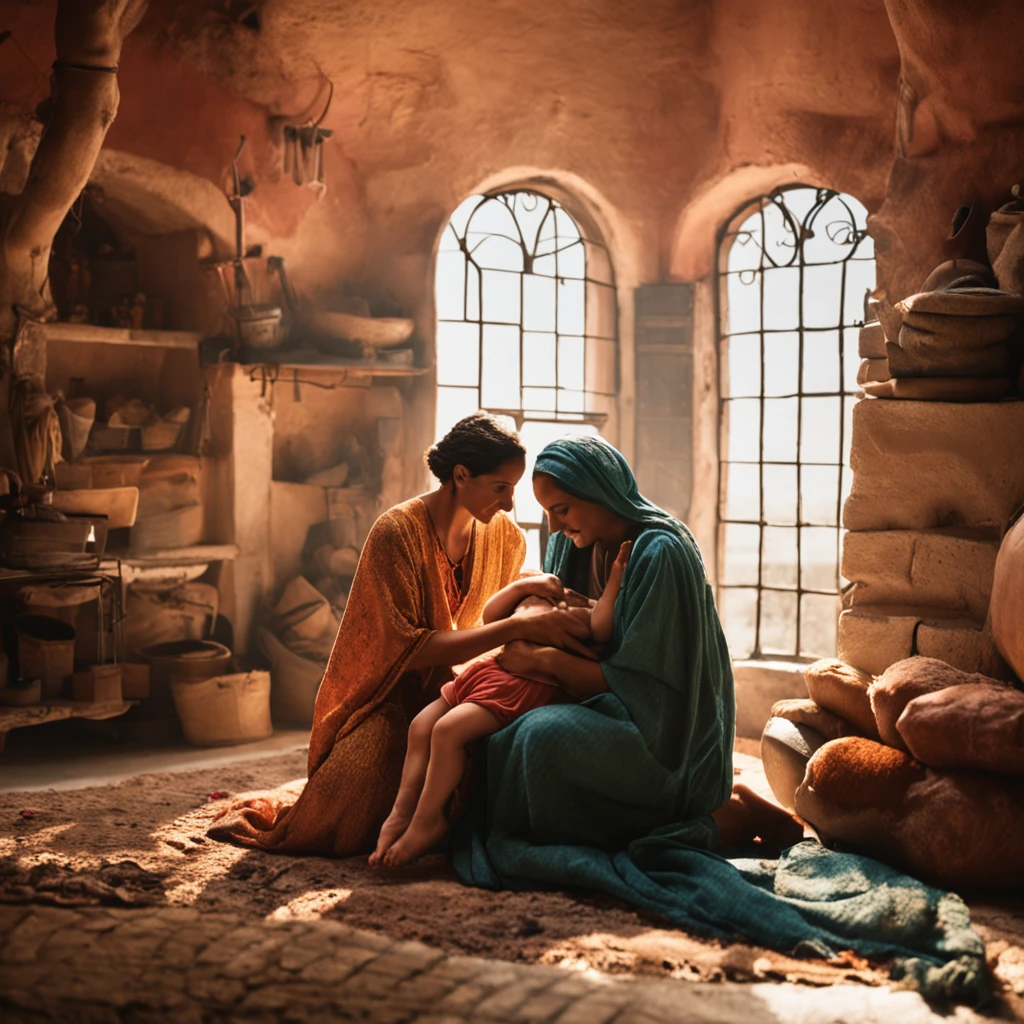 a woman in Israeli clothing in a scene of giving birth to a baby
