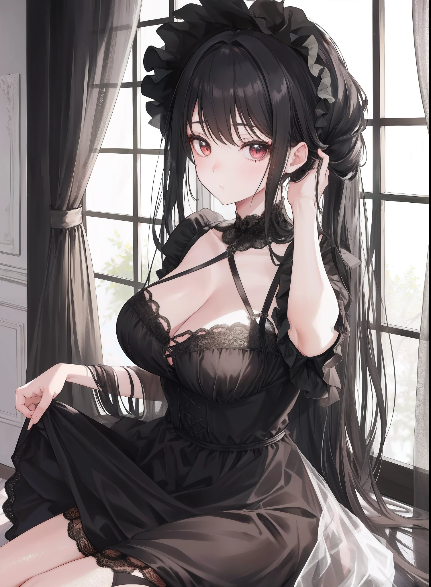 1girl, beautiful black dress, ta style, lace, cleavage, tying a hair, in the room with a window, legs