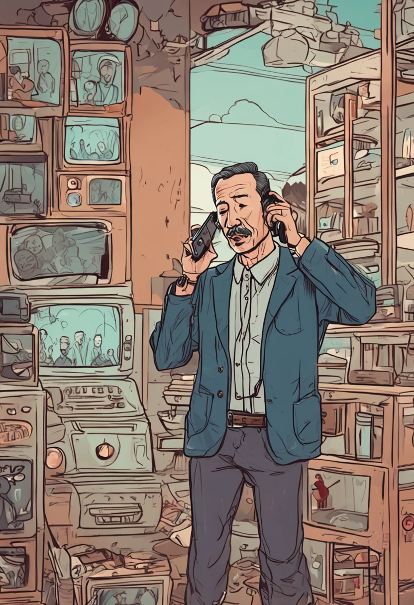 A man holds a cell phone to his ear, Kanō Naizen-inspired paintings, reddit, shin hanga, 5 0 years old man, 8k selfie photograph, 4 0-year-old man, (38 years old), Selfie of a man, About 3 to 5 years old, 45-year-old male, 38 years old