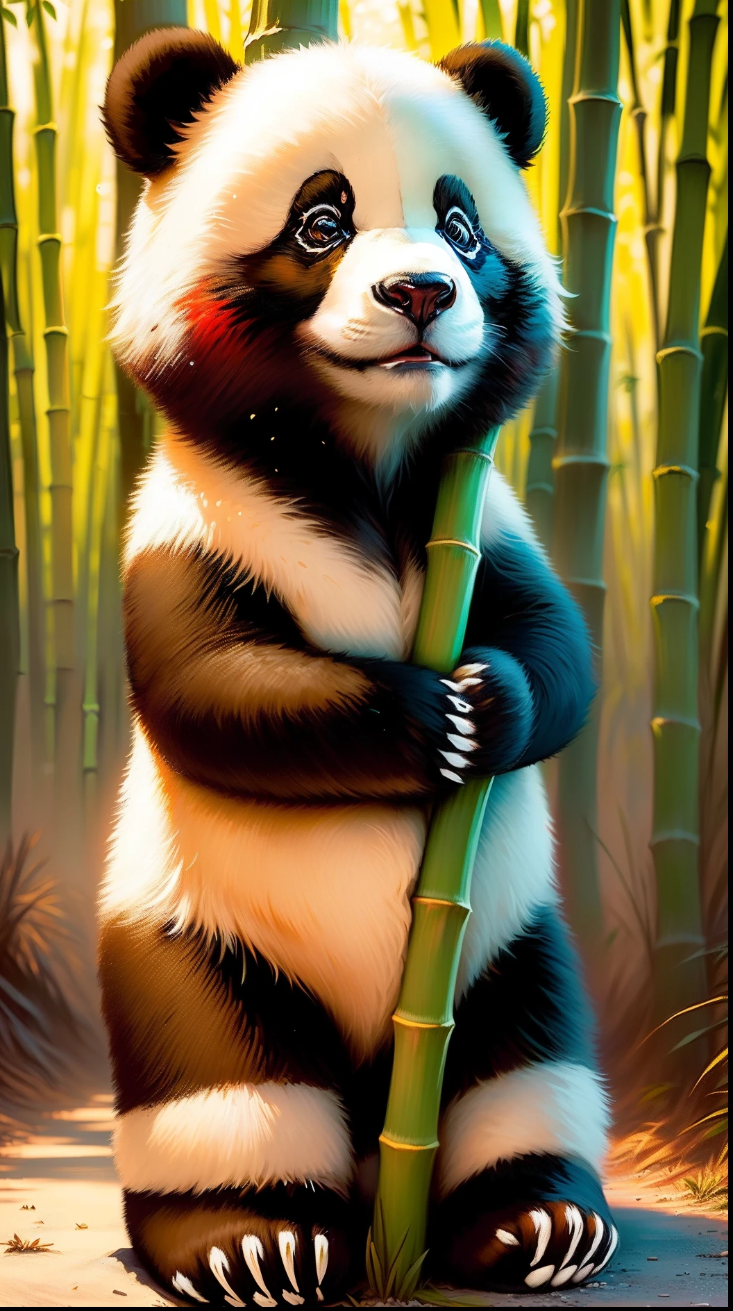 fundo vermelho，Panda nibbles bamboo，adolable，Overall manifestation