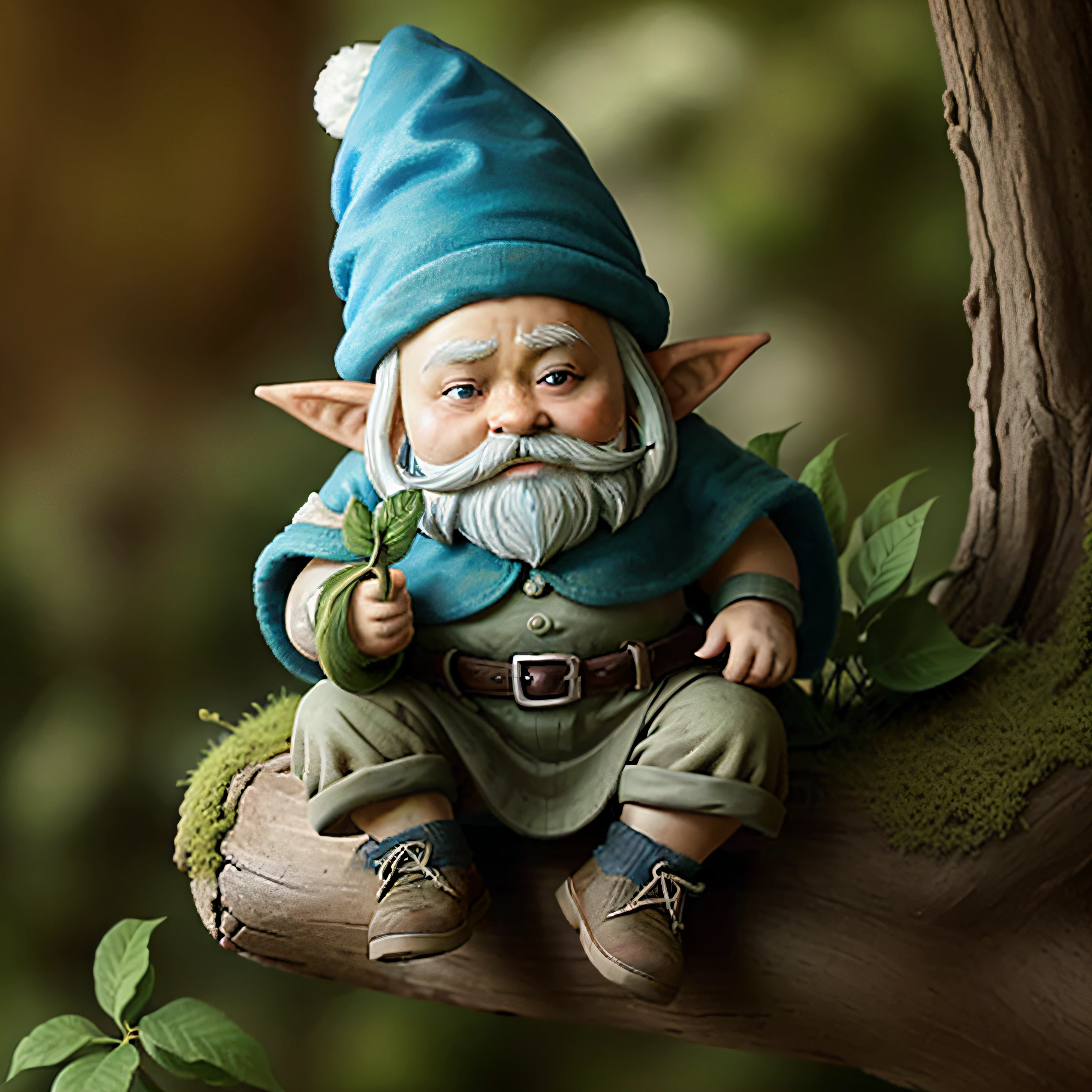 There is a gnome sitting on a tree branch with a leaf, Retrato de um Gnomo chamado Eldon, Gnome Druida, Gnomo, Tiny Evil Alchemist Gnome, Gnomo alquimista do mal, Um Gnomo alquimista, Gnomo ilusionista, relaxed dwarf with white hair, dar frascos para outros Gnomos, gnomon, elfo com pele azul, Fanart, criatura fofa da floresta