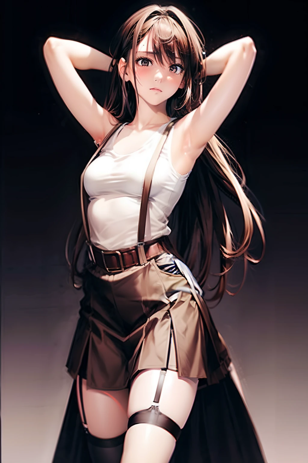 skirt by the, Tank Tops suspenders, Brown very long hair, Gray eyes, Garter belt on the legs, crazy lewd clothes, a belt Armpit sweat deadpan