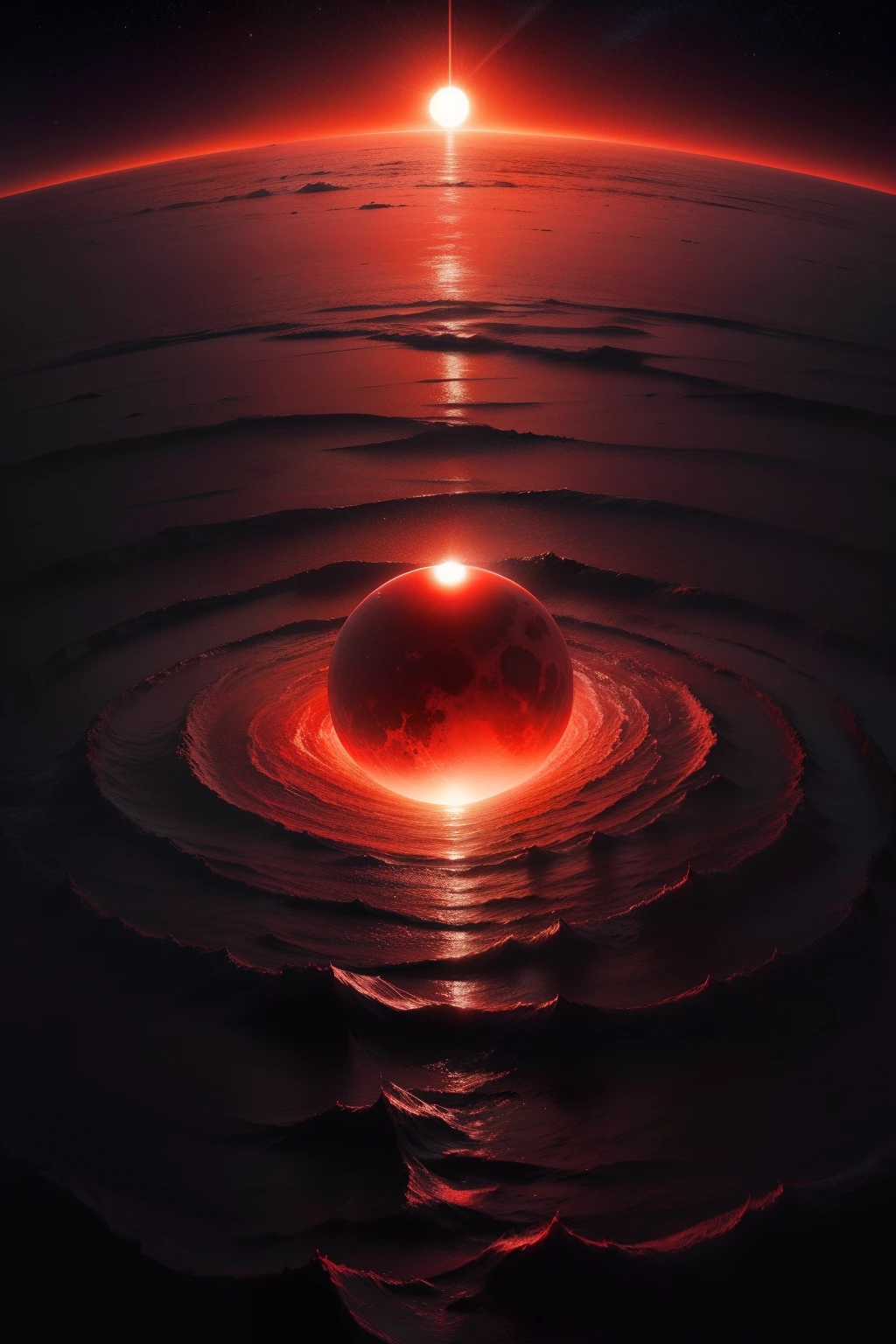 A red sun, the night sky, a flat surface, drifting ice, abyss