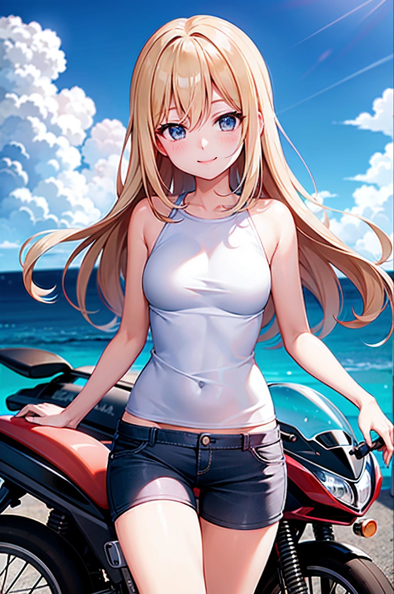 KANZAKIMIKOTO, BLONDE HAIR, ponytail, HAIR INTAKES, parted bangs, long hair, green eyes, mole under eye, 15years old,, large breasts,, Riding a bike through the sky, solo nsfw naked early morning