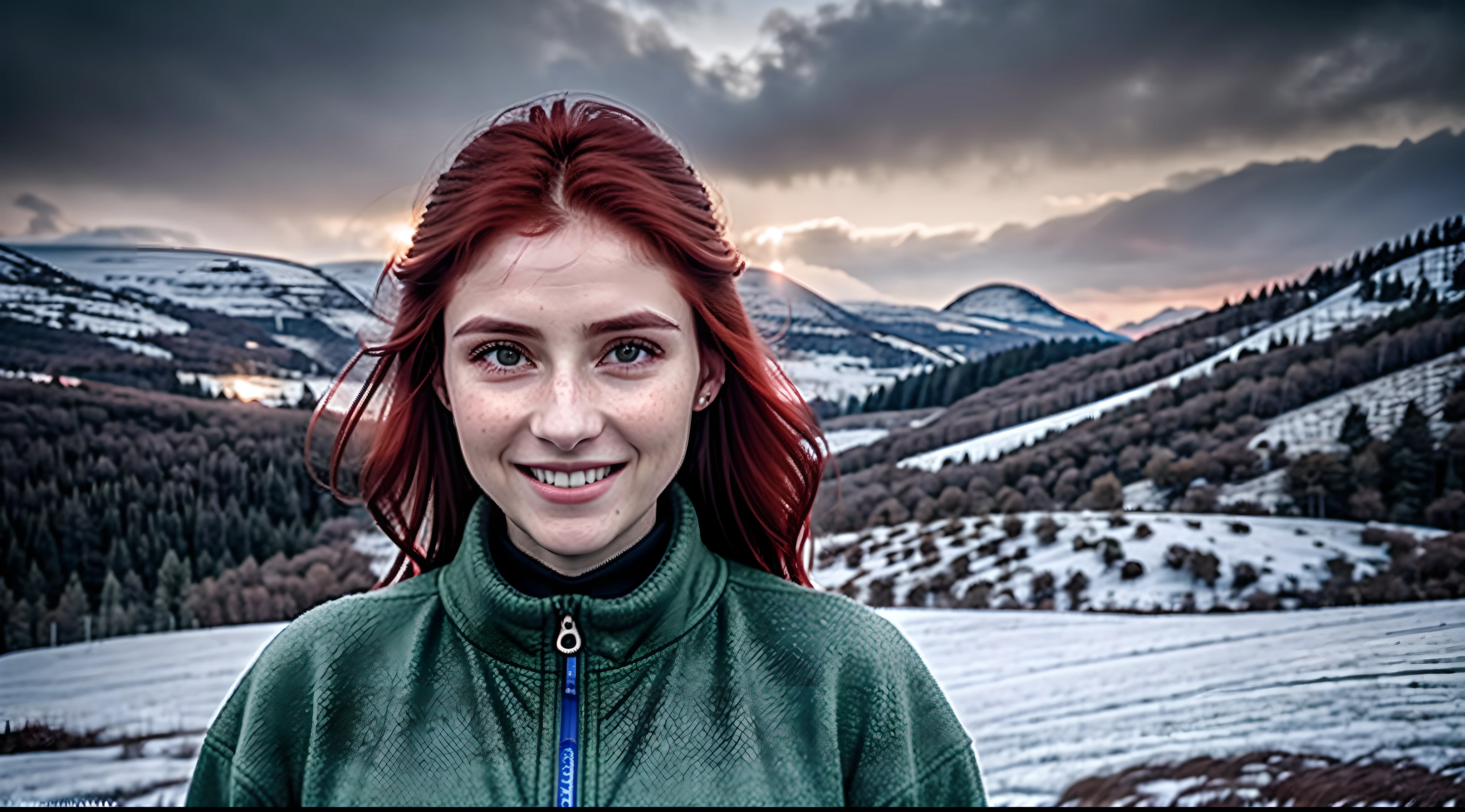 Foto RAW, 8k UHD, pele altamente detalhada, red hair woman, young, olhos verdes, master part, fotografia, Ultra realismo, Realistic, enjoying her day on a snowy mountain, sorridente, soft lighting, (pele altamente detalhada:0.7), (filmic grain:1.3), 8k UHD, DSLR, alta qualidade, HDRI, Fujifilm XT3