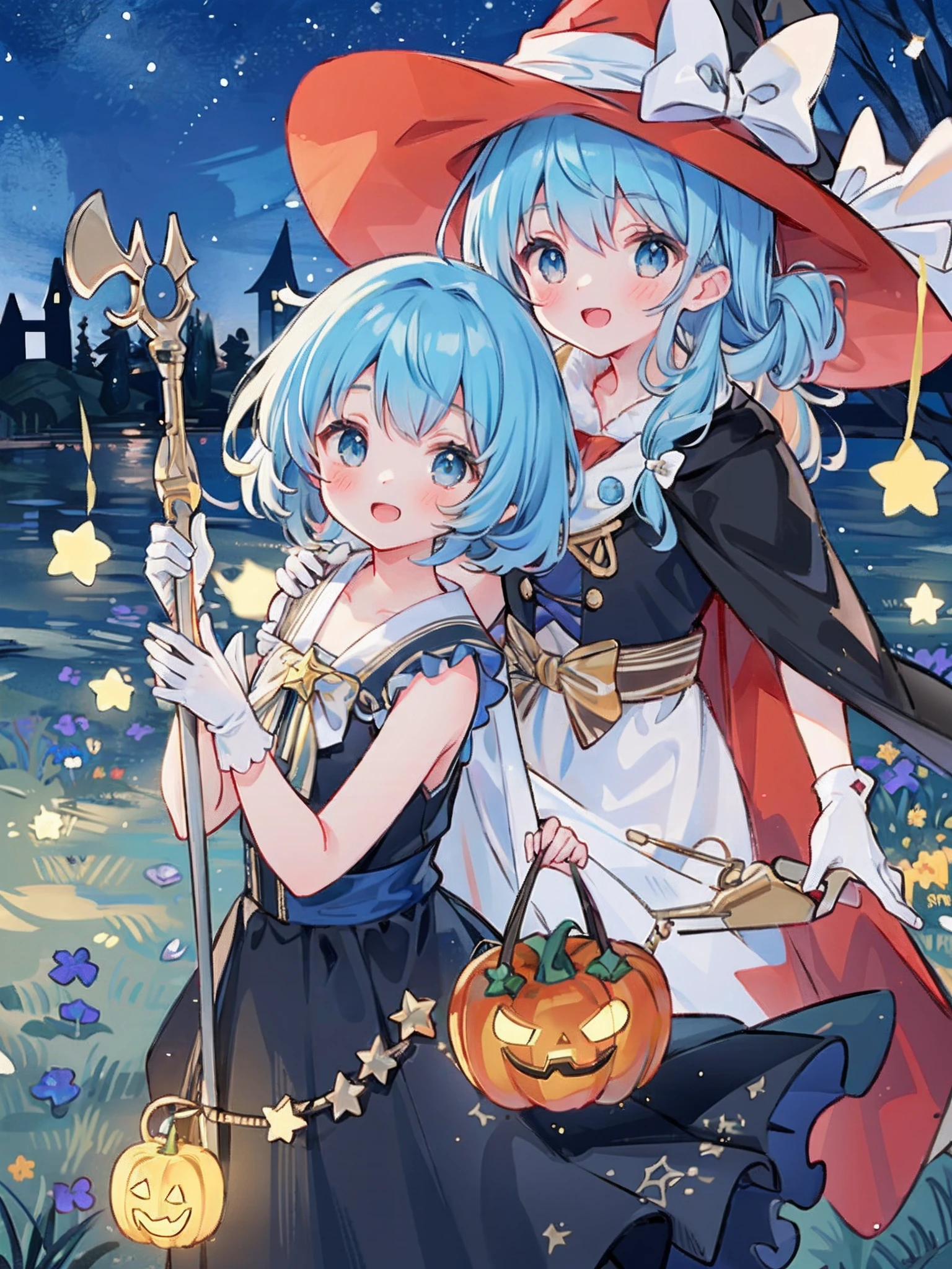 ((masterpiece:1.2, best quality)), 1girl, solo, (witch hat), a close up of a girl with curly hair, dress, aurora, night, star (sky), gloves, sky, dress, night sky, open mouth, starry sky, light blue eyes, ribbons, smile, cape, blue hair, magic, casting spell, night, (impressionism:1.4), alphonse mucha, Halloween colors, colorful candy