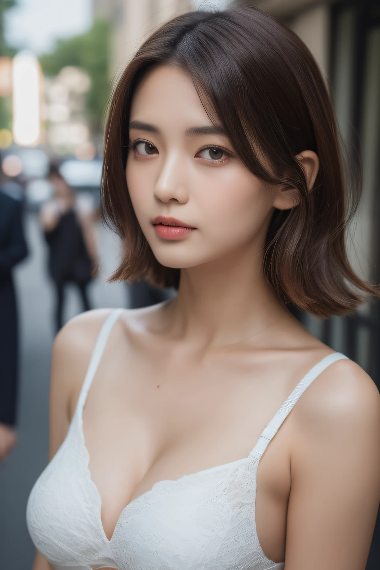 ((Best quality, 8k, Masterpiece :1.3)), (above waist); Sharp focus :1.2, A pretty woman with perfect figure :1.4, Slender abs :1.2, (low cut buttoned up shirt : show cleavage with bra: 0.75), Dark brown hair, City street:1.2, Highly detailed face and skin texture, Detailed eyes, Double eyelid,