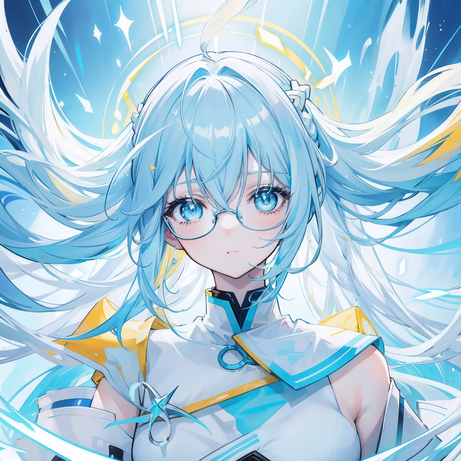 light blues,Yellow hair,Fluorescent milky white,Blue-pink pupils,Black thick-rimmed glasses,Yellow, Blue and white clothes,Super nice looking, Particularly sweet and cute female Aquaman,Light of faith