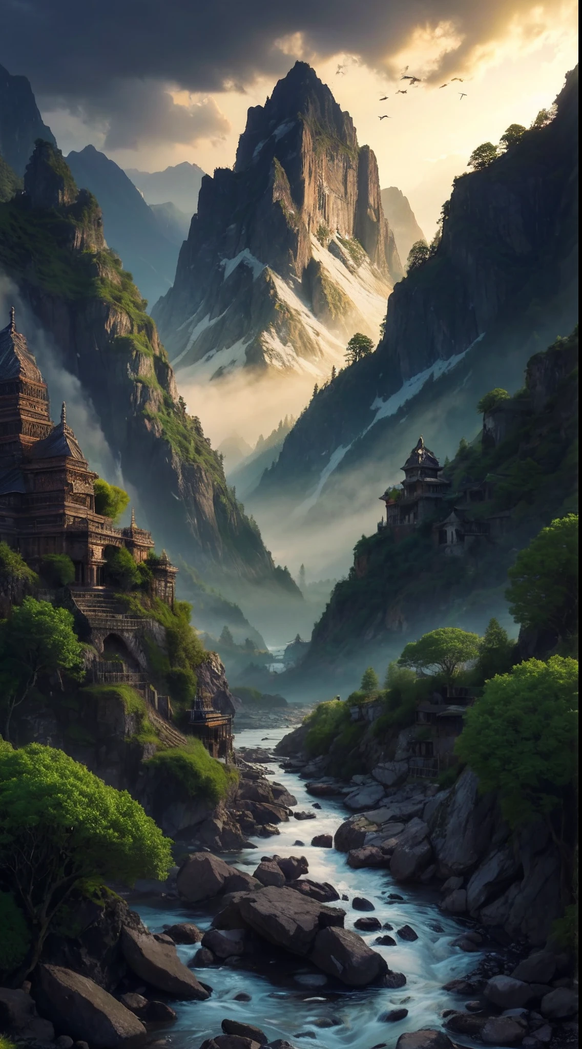 lanscape, 8k potrait of realistic beautiful landscape with temple in the climb of mountain, intricate, elegant, realistic depth of field photography, perfect natural lighting (masterpiece, sidelighting, finely detailed beautiful lanscape), long hair, realistic lots of hair, realistic suit, realistic mountain, realistic sky, beautiful sky, ray of light, rule of third photography, point of interest photography, perfect lanscape color tone, realistic river, realistic stone, realistic flower, realistic grass, realistic climb, realistic tree,