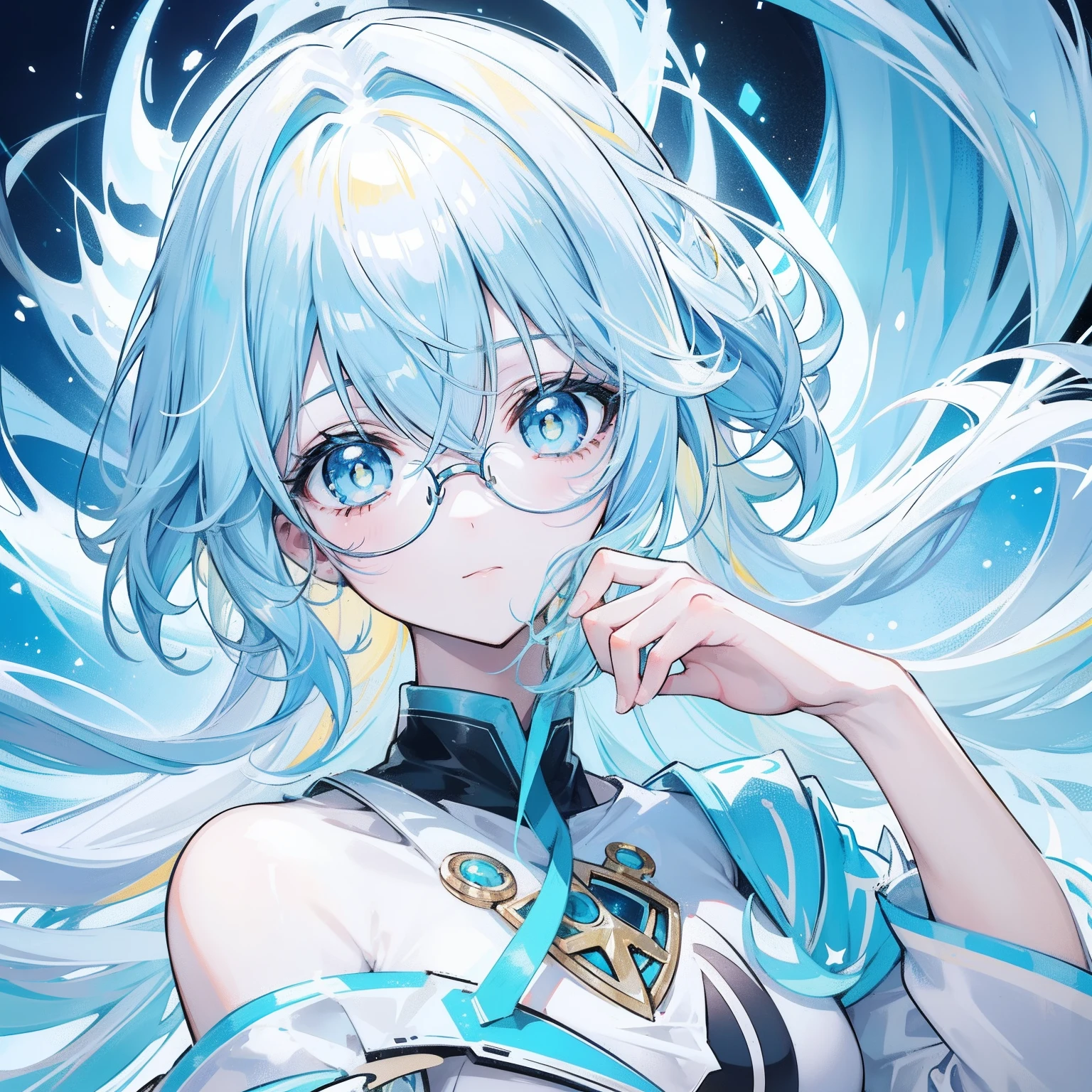 light blues,Yellow hair,Fluorescent milky white,Blue-pink pupils,Black thick-rimmed glasses,Yellow, Blue and white clothes,Super nice looking, Particularly sweet and cute female Aquaman,Light of faith