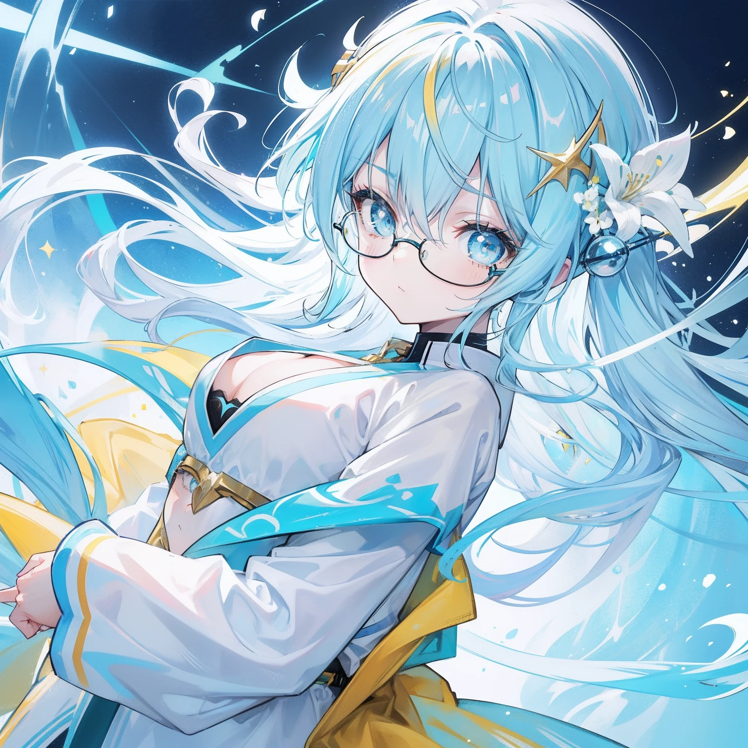 light blues，Yellow hair，Fluorescent milky white，Blue-pink pupils，Black thick-rimmed glasses，Yellow, Blue and white clothes，Super nice looking, Particularly sweet and cute female Aquaman，Light of faith