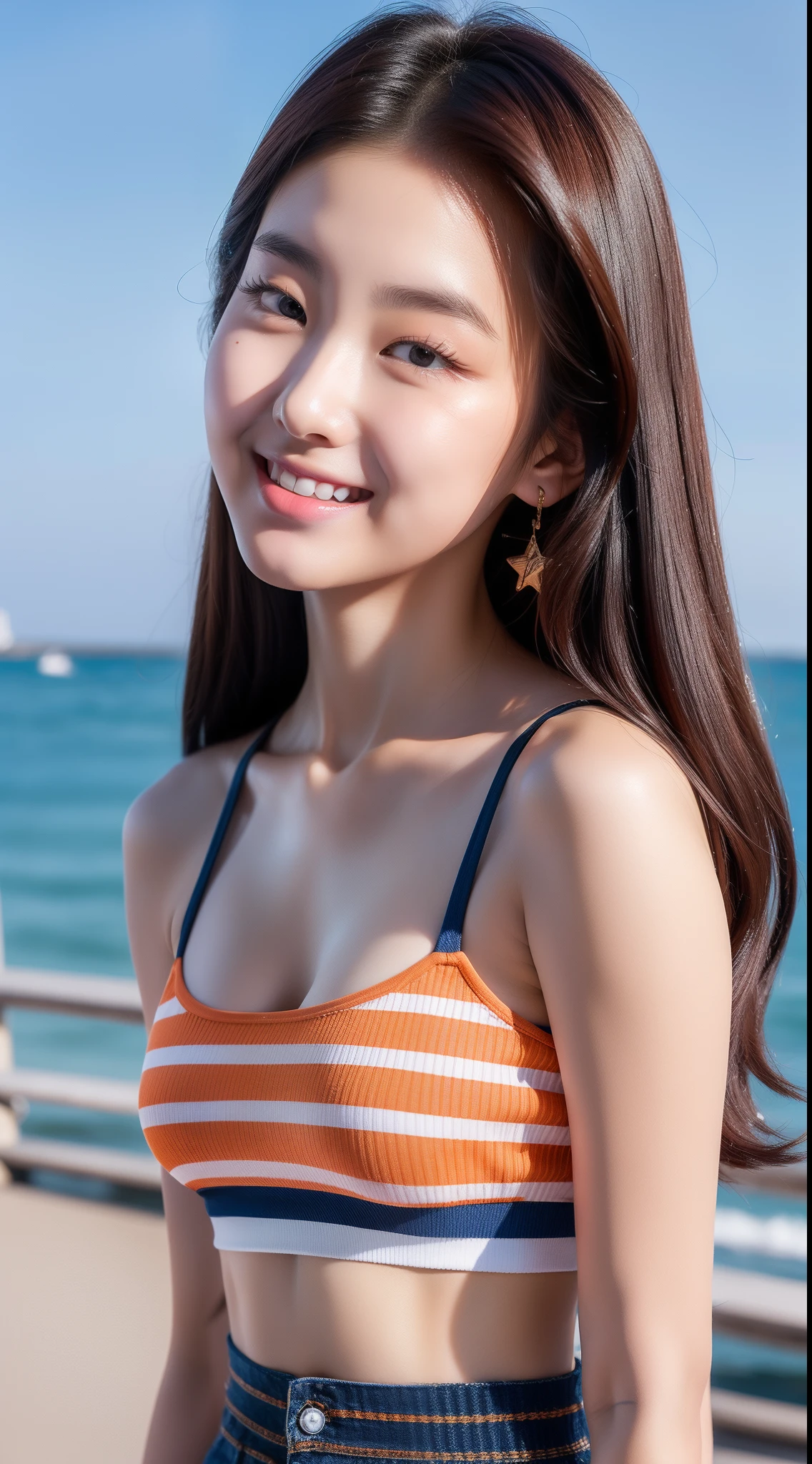 realistic photos of (1 cute Korean star), hair two side up, white skin, thin makeup, 32 inch breasts size, slightly smile, wearing orange striped crop top, pants, at the pier, close-up, 16k