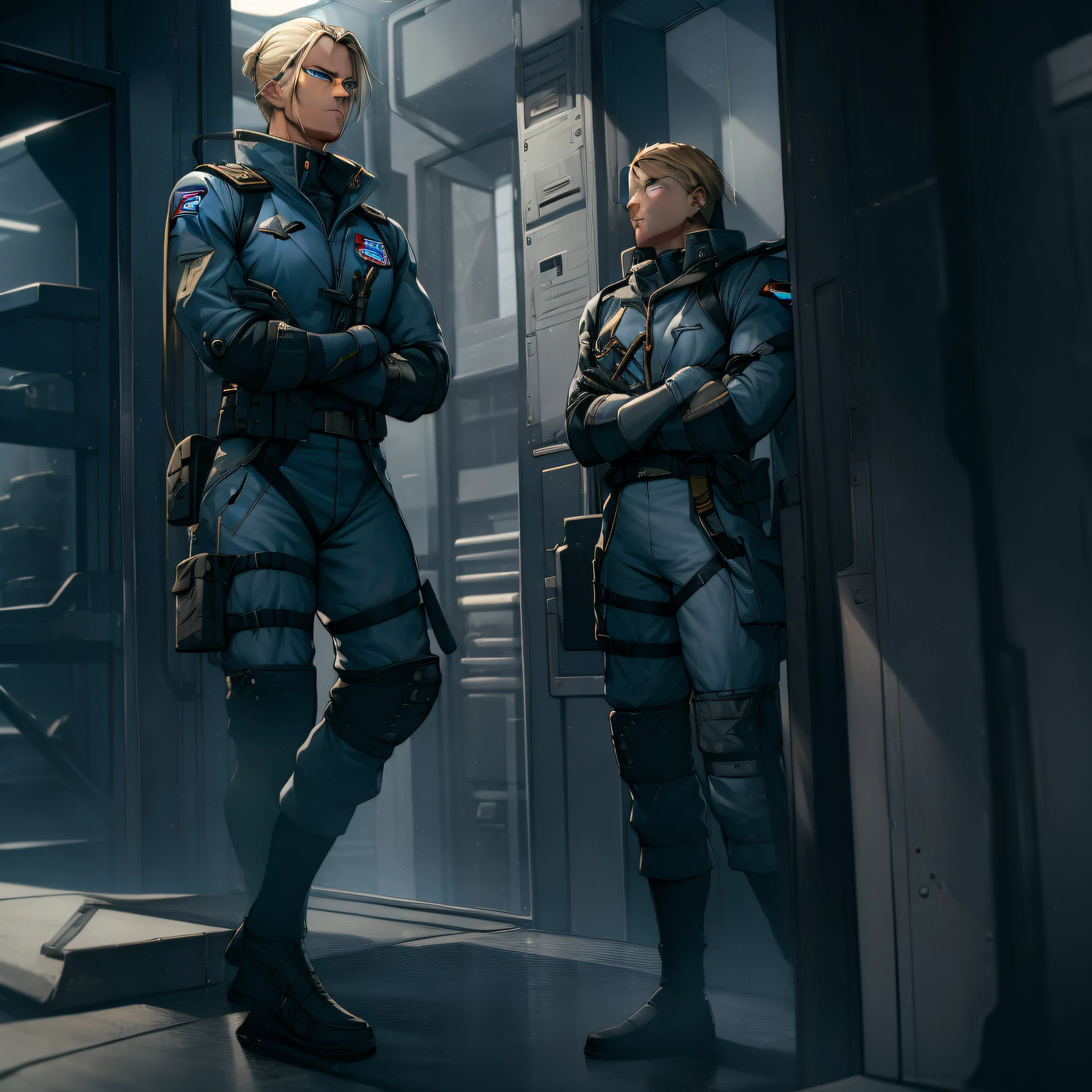 1 man, masterpiece, full body shot, military, nasa-punk, futuristic, Revolutionary war, Blond hair, blue eyes, arms crossed, tall, muscular, soldier, Male
