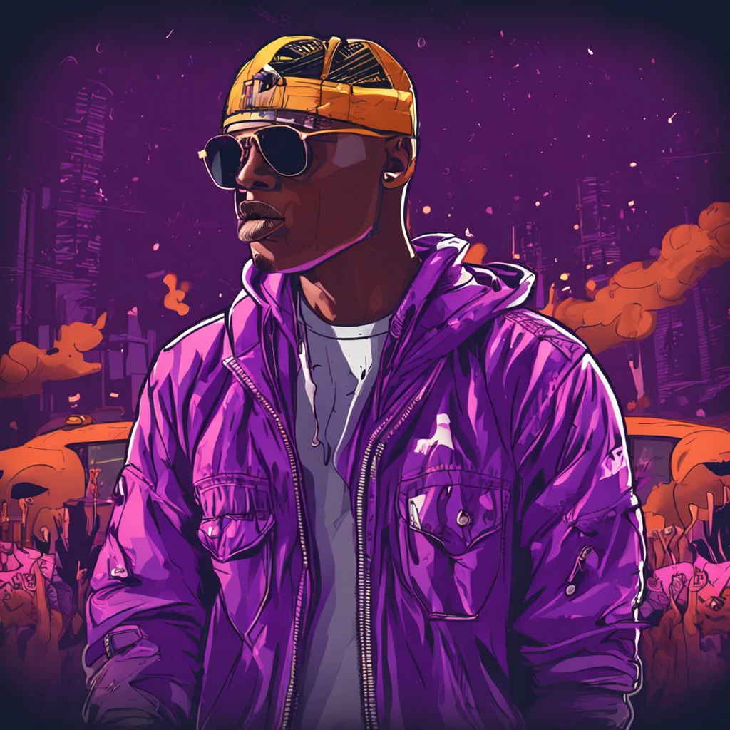 Young man with cap back wearing purple sweatshirt singing hip hop