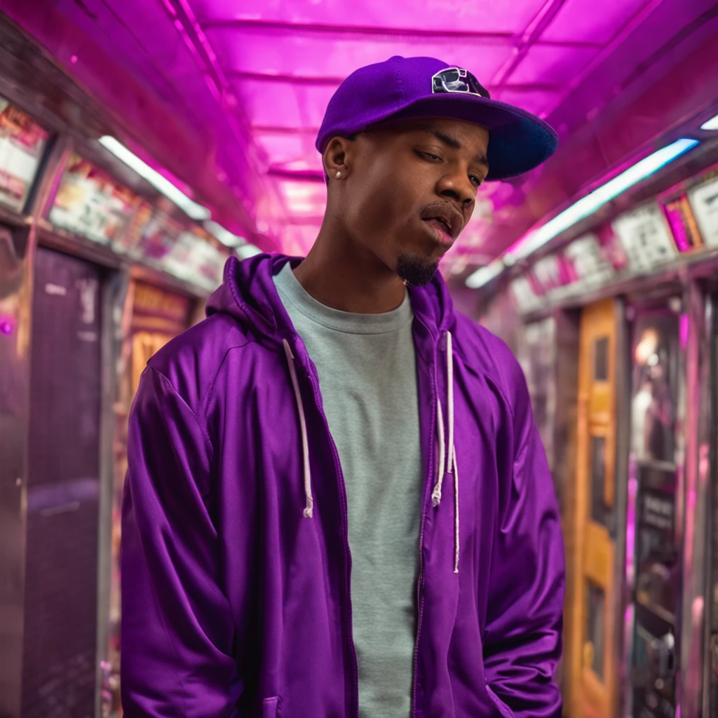 Young man with cap back wearing purple sweatshirt singing hip hop