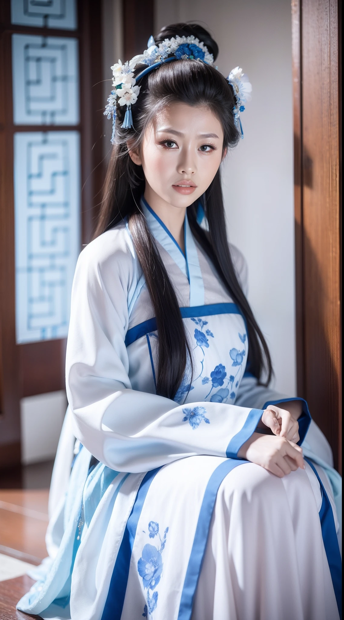 Blue and white porcelain style，Ancient Chinese clothing，The clothing is blue and white motif，ancient china art style，Fashion model 18 years old [[[[closeup cleavage]]]], [[[[boobgasm]]]], [[[[coll]]]], [[[[bshoulders]]]], perfect  eyes, Perfect iris，Perfect lips，perfect teeth，Perfect skin，with fair skin，Soft front light，hdr，Movie girl，long whitr hair，The expression was melancholy，The background is outdoor，White powder wall，Light blue flowers，4K Ultra HD, 超高分辨率, (Photorealistic: 1.4), Best quality，Masterpiece，Utra dilution，（pastel colour：1.2）