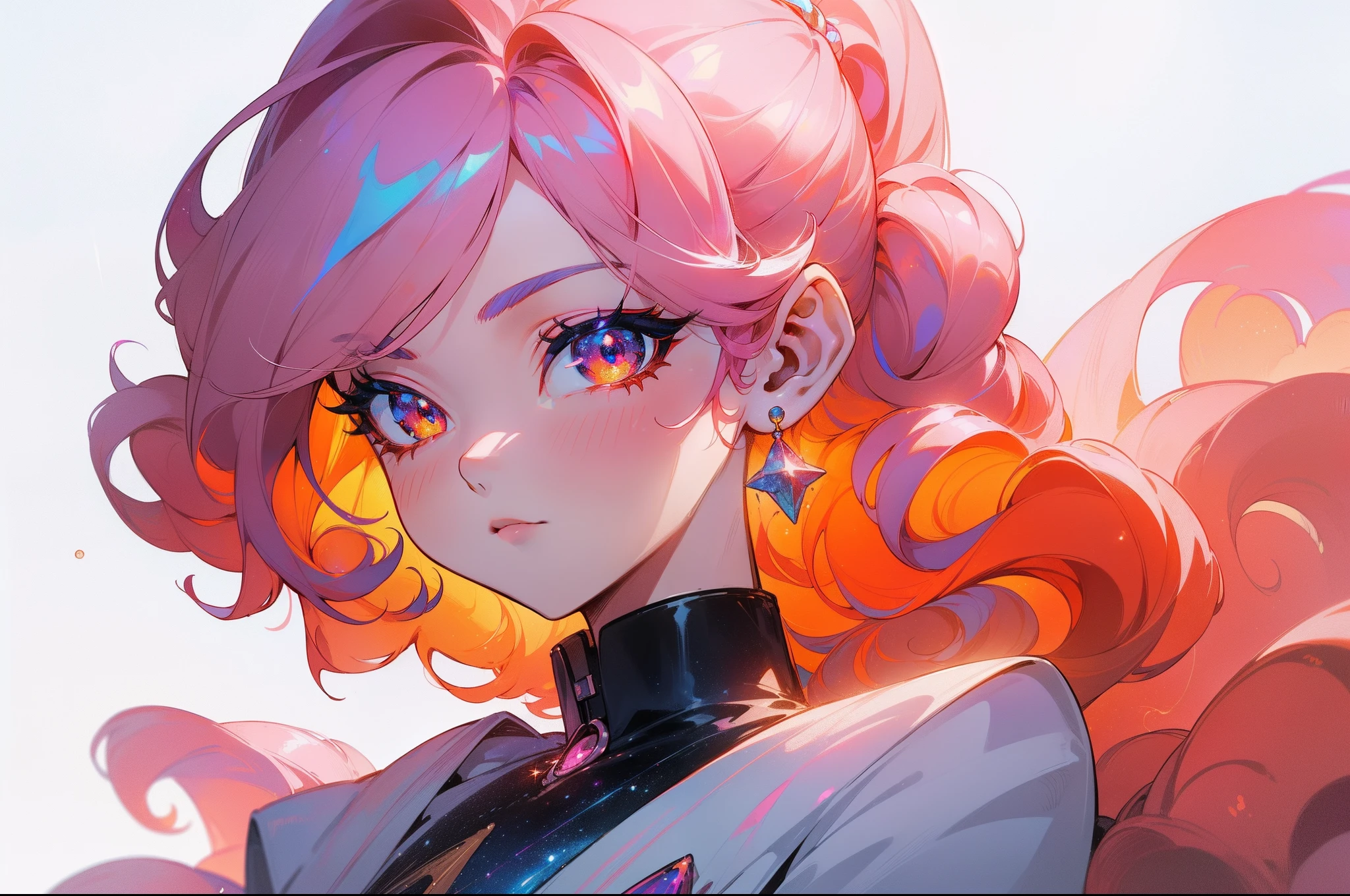 ((tmasterpiece)), (((beste-Qualit))), ((ultradetailed)), ((illustartion)),[The light effect of realism], eye shadow,(fantasy style),(whitebackground:1.6), Simple background, illustartion, 1 girl, sly look, Majestic view (multi-colored hair, Hair gradient, Hair color from blue to peach, without bangs, curly curl on the cheek, hairstyle: high ponytail, long tail), The eyes are crimson-red, Environment change scene, (The hair is surrounded by the bursts of the galaxy),))):((Her hair turns into galactic clouds,:1.27628), The Moon in the Night, Stars, wide eyes, Lashes, side glance, Crystal hair, Glowing Hair, shirt with collar, galaxy, Additional lighting