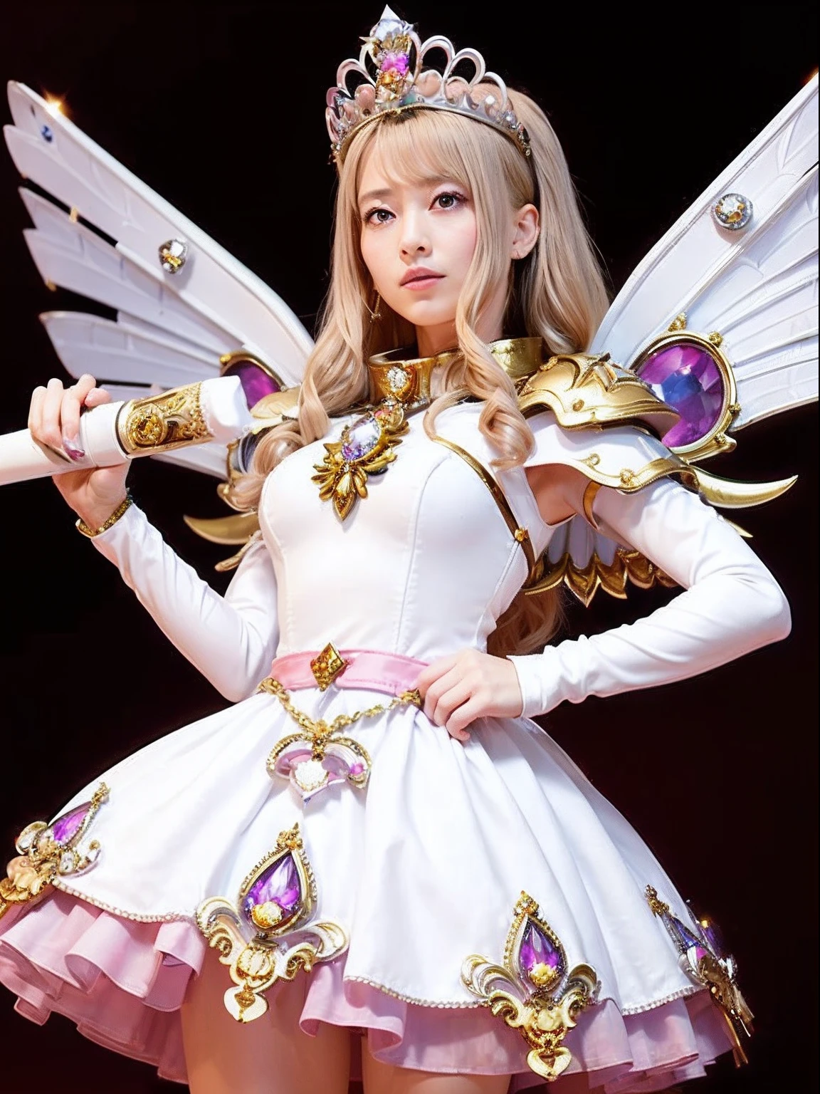 (masutepiece), Professional , ​masterpiece、top-quality、photos realistic , depth of fields （Gemstone Silver Metal Body:1.９),(Matt W White Pink、Jewel Gold Weapon、（Gorgeous castle background）、（ultimate beauty girl）、（Rainbow fairy wings grow）、Particles of light、（Metal body of iridescent gemstones:1.９),Gorgeous Jewel Metal Weapons , Detailed Sword of the Brave ,（ a blond）   ,warhammer 40k , adepta sororitas,Detail and ornate jewel crown、独奏、Brown hair、Mystical expression、（Gangle's forest background）、Beautiful Caucasian beauty、１a person、dynamic ungle,(((Diamond tiara with detail and luxury)))、a small face、Powerful poses、（Gorgeous castle background）、huge filesize、20 year old beautiful woman、Stand in the center of the screen、Thin female fingers、Straight long hair、Beautiful Caucasian beauty、（maikurobikini）、Hair fluttering in the wind、face forwards、Look at viewers、（Armpit）、Armpit、