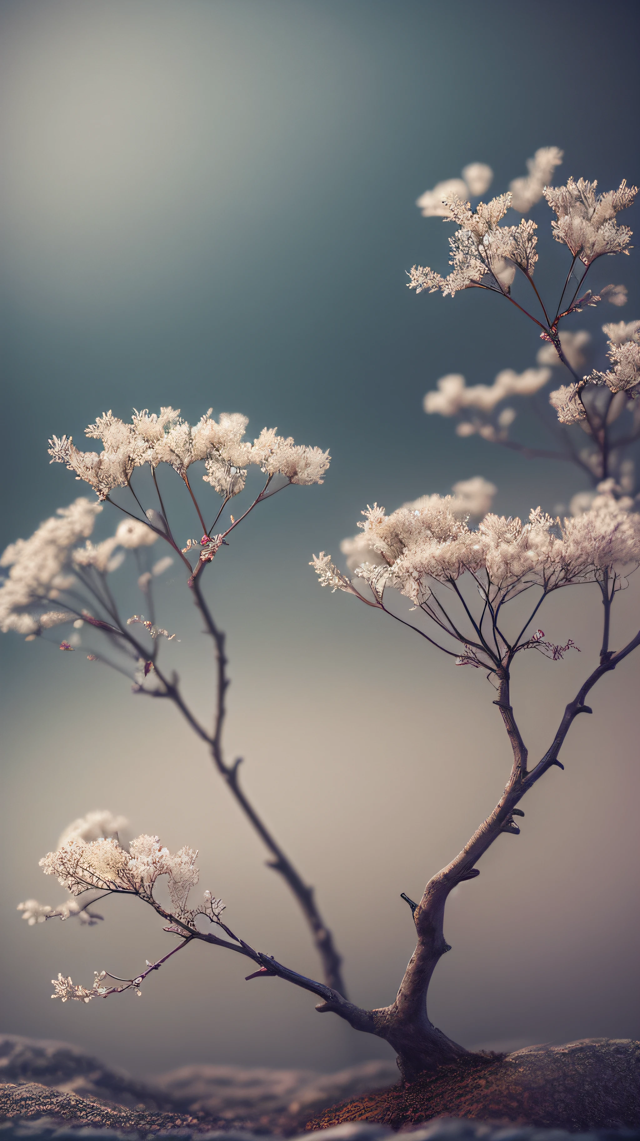 Plants, Snowflakes (Food Bar), Still Life, Winter, Peach Blossoms, Rock Garden, Bonsai Fog, Haze, Fine Details, Ultra Fine Details, Intricate Details, Film Style, Surrealist Soft Light, Studio Lighting, Diffuse Soft Light, Shallow Depth of Field, Sharp Focal Cluster, Ray Tracing, Subsurface Scattering, Ultra-detailed (Complex, Detailed, Ultra-Refined) Detail, Surrealism.