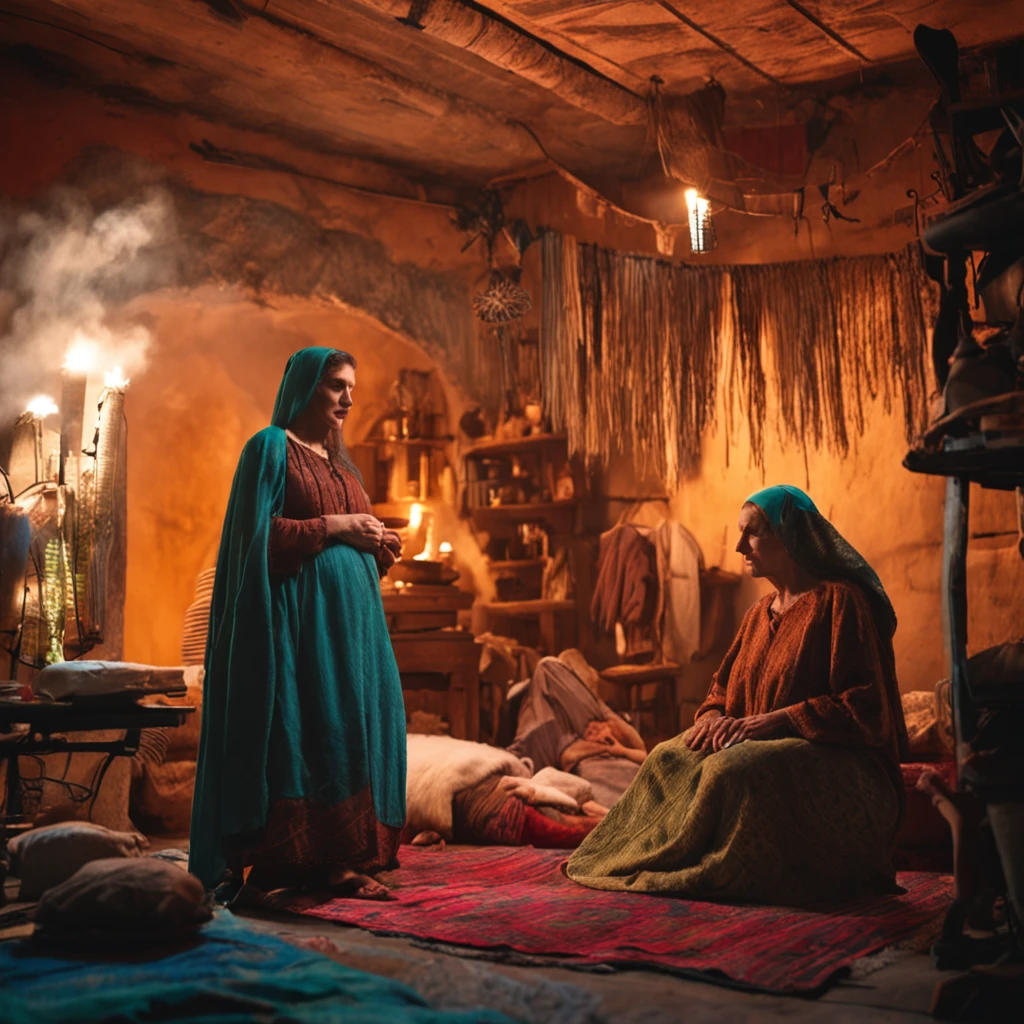 a woman in Israeli clothing in a scene of giving birth to a 