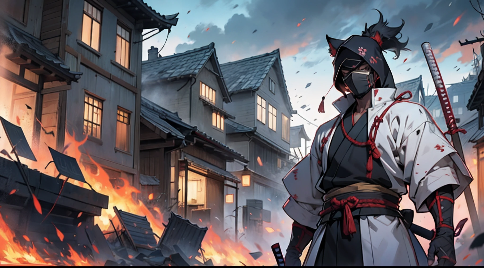 anime illustration of a masked samurai standing in the midst of a smokey and destroyed village --auto --s2