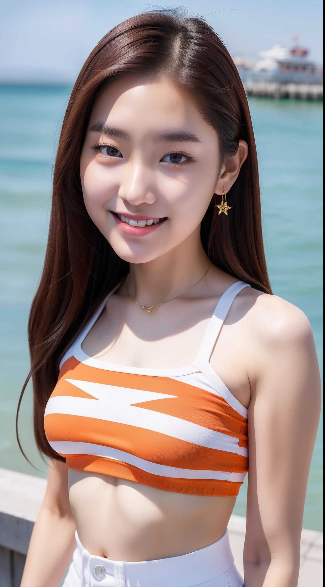 realistic photos of (1 cute Korean star), hair two side up, white skin, thin makeup, 32 inch breasts size, slightly smile, wearing orange striped crop top, pants, at the pier, close-up, 16k