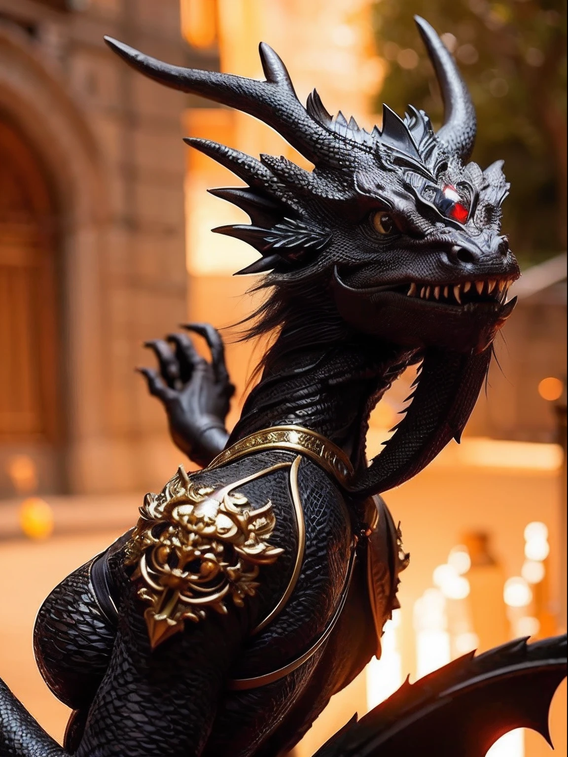 Professional , ​masterpiece、top-quality、photos realistic , depth of fields （Gemstone Black Metal Body:1.９),(Enamel Black、（cleavage of the breast）、（Chinese Dragon）、Mystical expression、Dragon Gold Weapon（Dragon Metal Body:1.４),Gorgeous gold weapons ,（（ Dragon's dense and gorgeous sword）） ,  、blood splashing、  ,warhammer 40k , adepta sororitas,Detail and gorgeous crown、（（Brown hair））、（The dragon）、（Castle background）、The dragon、（（Gangle's forest background））、Beautiful Caucasian beauty、（１a person）、dynamic ungle,(((Detailed and ornate dragon helmet)))、Smaller head、A smile、Castle background、Thin and beautiful female hands、cleavage of the breast、Mystical expression、Light Effects、Wind-effect、magic circles、With the legendary magic wand、（demonic wings）、Toostock、beautiful ass、