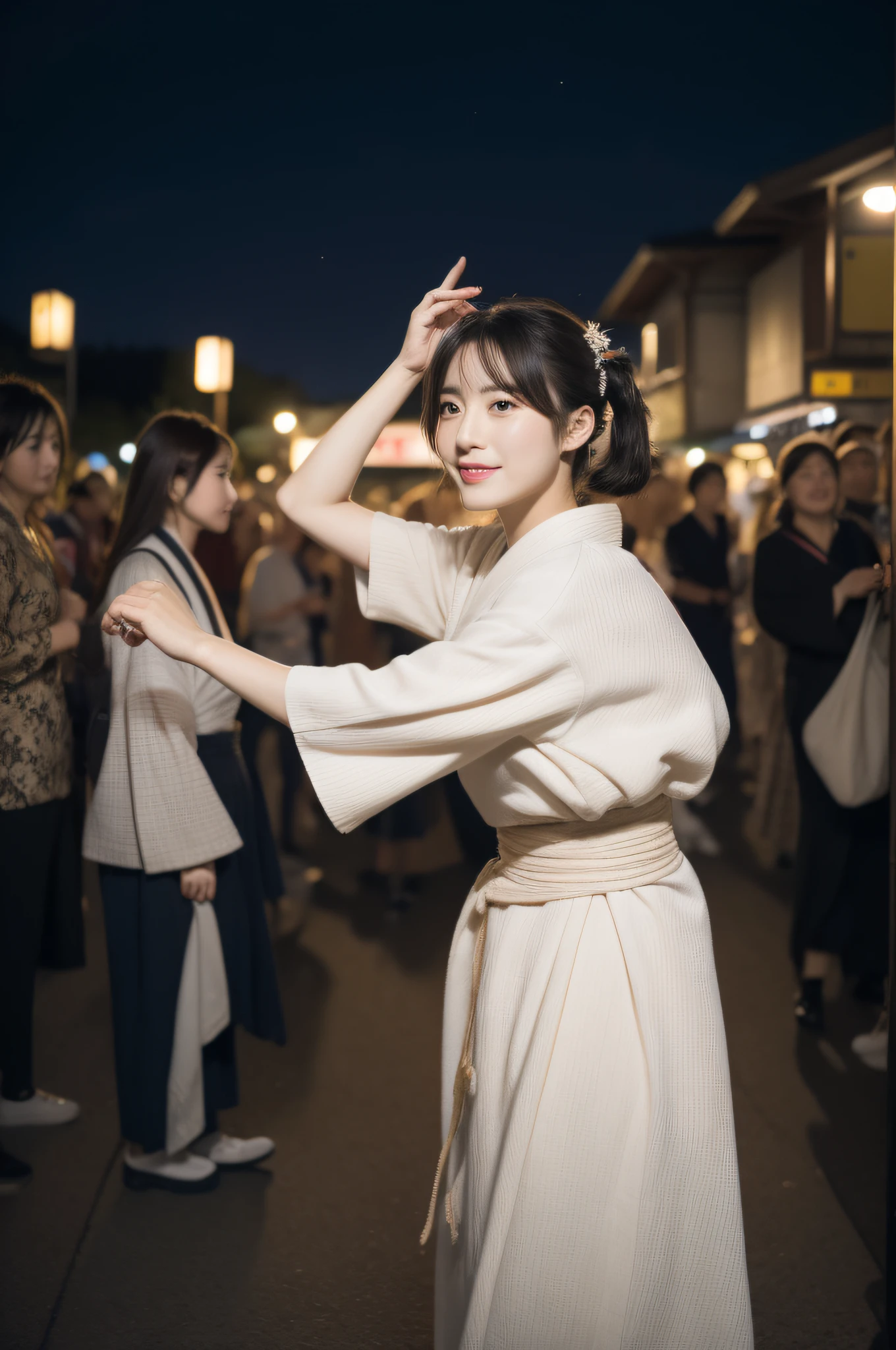 (((high-detail,high detal,masterpiece,Fine design,detailed picture))),Wearing Awa Odori costume,Cover your eyes,Farbe々Awa Odori kimono,Wearing short white tabi boots and geta,The hair is hidden by the cover.,,Women in Japan,Japan Healthy Women,japanese beautiful woman,Woman dancing Awa Odori,beautfull Japanease woman, top-quality, masterpiece, 1-3女の子, Pleasant cheerful look, photographrealistic, , 8K UHD, Digital SLR, hightquality, hight resolution, 4K, in 8K, , A detailed eye,detailed lips,dynamic movements,Awa Odori in Tokushima,Tokushima,Arm movement、Delicate depiction of fingertips、Dynamic movement、Trendy woman,Looks fun,Tokushima Festival Night、Night scenery of Tokushima City Ryogoku、Festival night atmosphere,Soft streetlamp light,Illuminated from all sides,Audience looking at woman behind,Dancing fools see fools If it's the same Abo, then it's the same Abo, it's the same Abo.