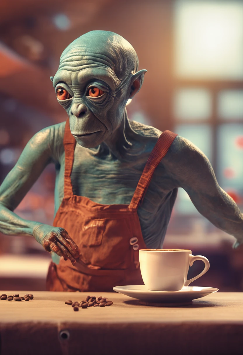 ((man with alien face)), ((wearing a male nigh cloth)), in a kitchen, (making a tea), perfect shadows, 8k, sun shadow, movie lightning, 8k, RAW photo, best quality, masterpiece, high detail RAW color photo, , cinematic lighting, full body,