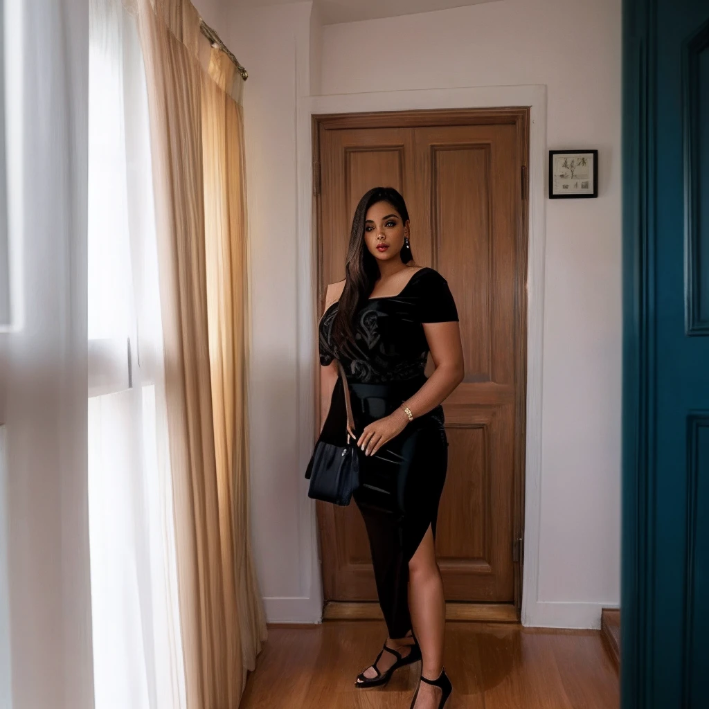 um close up de uma mulher com um vestido preto posando para uma foto, usando um vestido preto apertado, very curvy, minivestido curto, beautiful thick female, she is wearing a black dress, estilo sexy, olhar sexy, grosso, corpo grosso, Mulher de 30 anos de Cuba, vestido sexy, curvas atrativas, vestido justo, curvy model, curvaceous figure