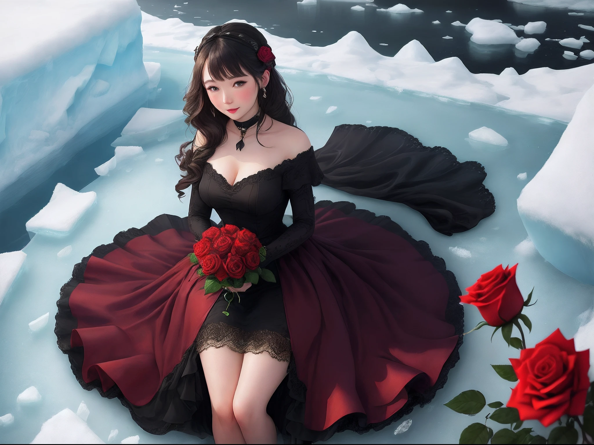 A lady with some red rose in a vall ey of ice