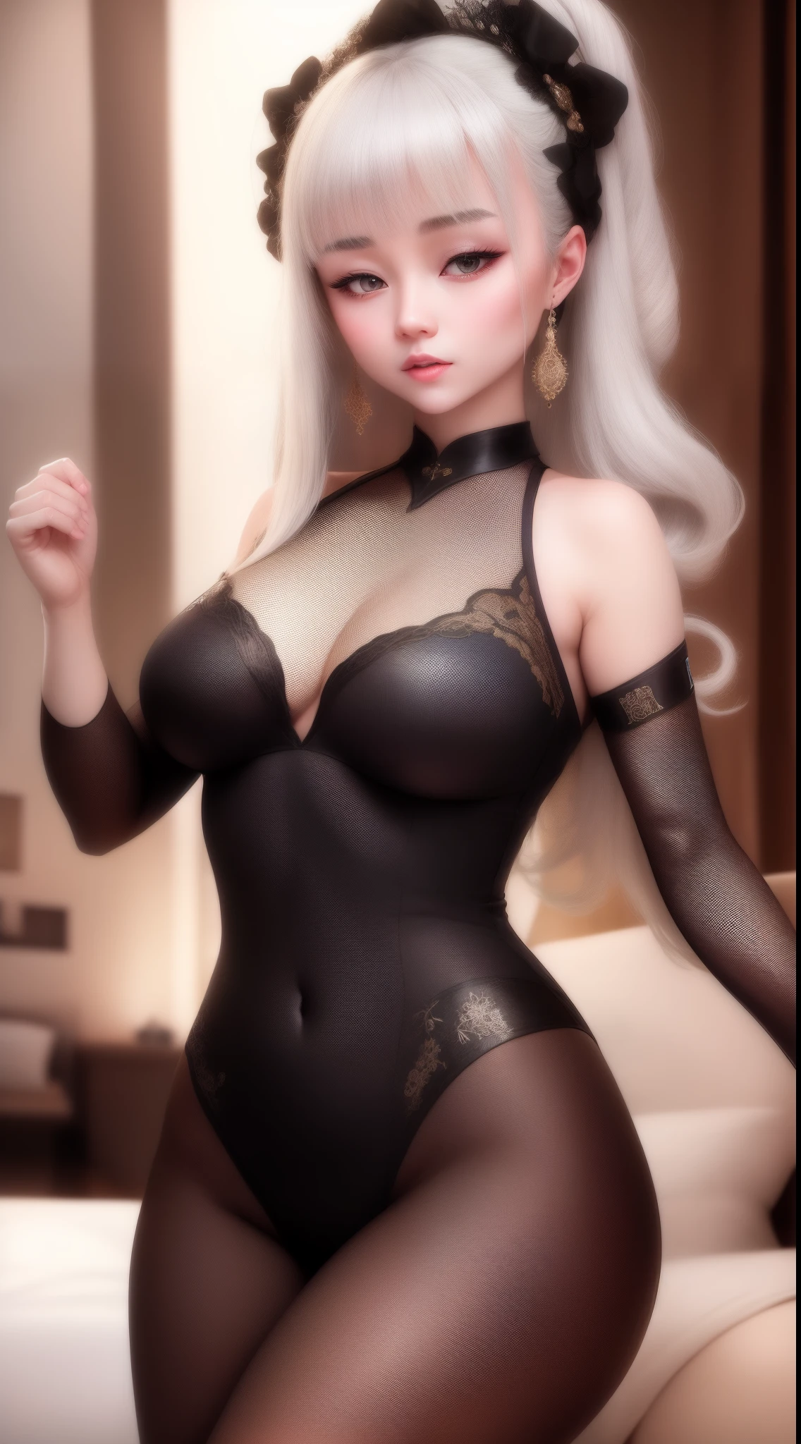 (1 girl), ray tracing, (dim lighting), [detailed background (bedroom), (silver hair), (silver hair) (shaggy silver hair, plump and slim girl) (with high ponytail) alone in the bedroom, blonde eyes (girl wearing intricately embroidered black high-waisted pants with pantyhose) and white ruffled bow gloves), showing a delicate slim figure and graceful curves, correct limbs! Sitting on the bed, delicate facial features, attention to the overall details, masterpiece