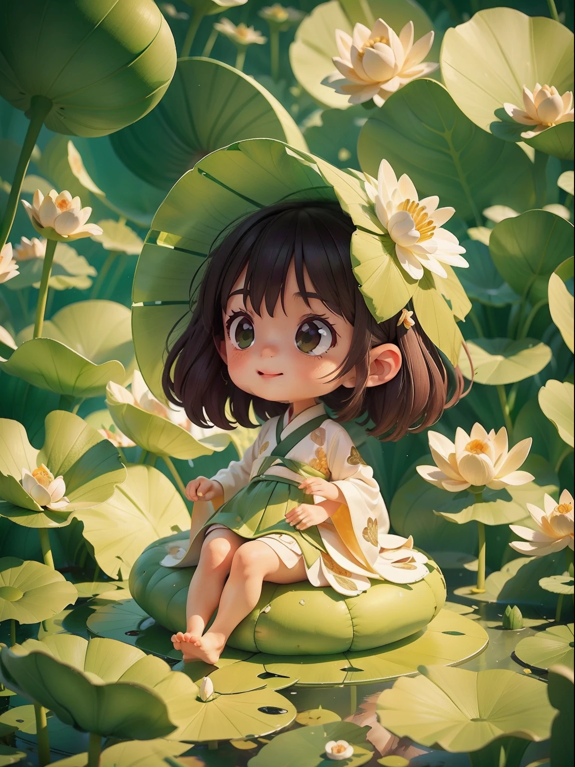 Pods full of lotus flowers, A *********** happily sits on the lotus leaves of a pod, Huge lotus leaf, Barefoot, Dressed in white and green Hanfu, Light and shadow, A masterpiece