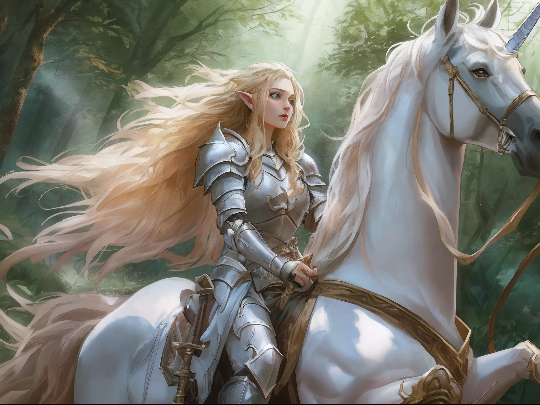 a picture of a beautiful female elf knight riding a unicorn in the forest, female elf knight, extremely beautiful female elf (best details, Masterpiece, best quality: 1.5), ultra feminine, ultra detailed face (best details, Masterpiece, best quality: 1.5), determined face, ready for war, blond hair, long hair, wavy hair, dynamic eyes color, armed with a long sword, wearing heavy armor, elven armor (best details, Masterpiece, best quality: 1.5), white unicorn,  fantasy forest and some clouds in the background, fantasy art dnd art, RPG art magv1ll, Ultra-Wide Angle, high detail, award winning, best quality, HD, 16K, high details, best quality, absurd highres, ultra wide angle, photorealistic, ultra realistic [[anatomically correct]], high details, best quality, 16k, [ultra detailed], masterpiece, best quality, (extremely detailed), ultra wide shot, photorealistic, high contrast