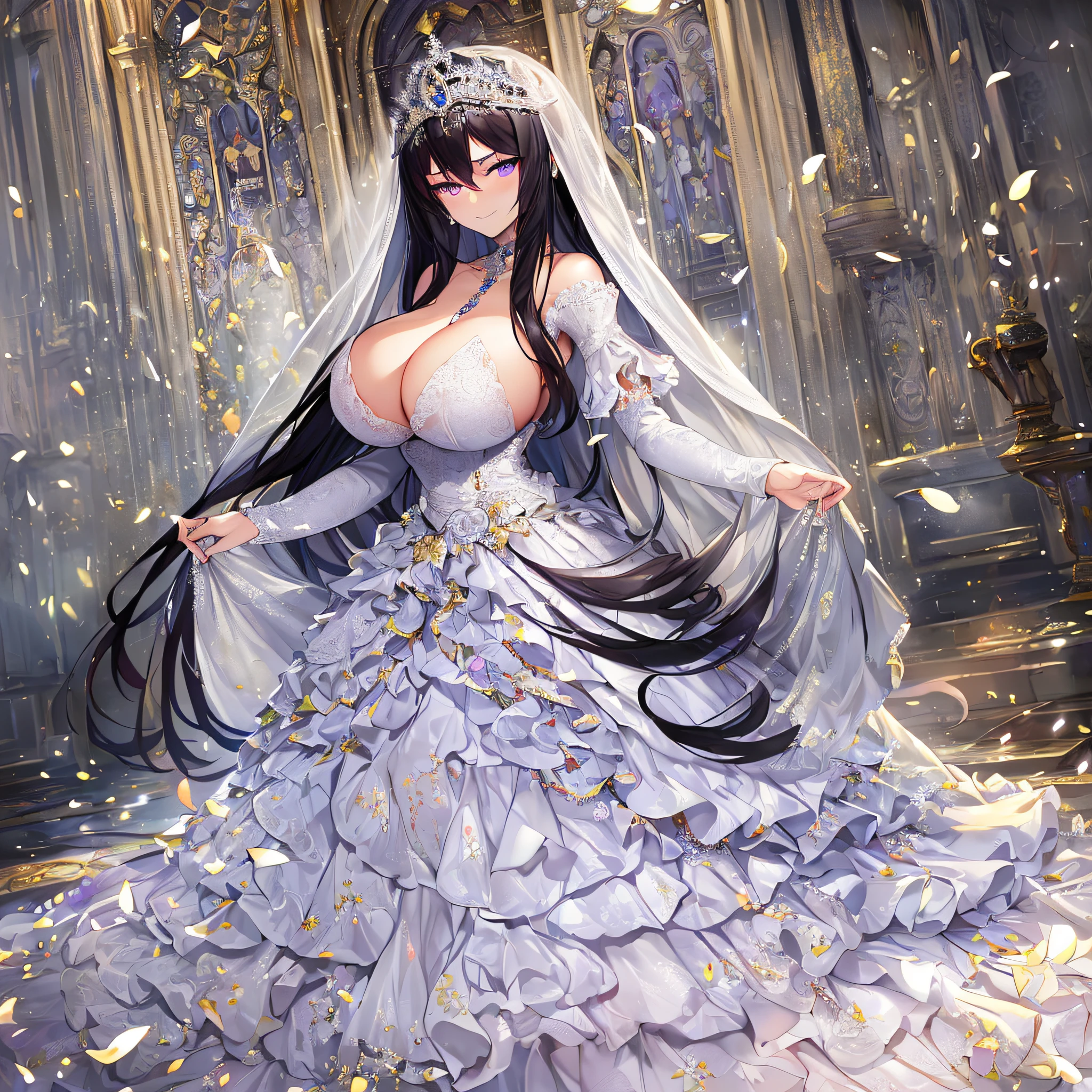 ((anime artstyle)),Masterpiece,Best Quality,Super Detail,Very Delicate and Beautiful,Solo,((full body)),(((1 arrogant queen wearing gorgeous white ballgown wedding dress with voluminous crinoline hoop skirt))),gorgeous embroidery and beautiful lace,((very gigantic boobs,cleavage,skindentation)),jewel-like eyes,((haughty smile)),((arrogant facial expression,haughty facial expression)),Sharp eyes,Purple eyes,(Beautiful detailed face and eyes),((shiny hair,Bangs between eyes,voluminous straight hair,extremely Long straight Hair)),black hair,luxury hair ornament,extremely gorgeousfull jeweled tiara,long train,(bling-bling gorgeous gemstone jewelry),long wedding veil,full body,standing in the sacred cathedral,white lily flowers,flower petals flowing,light particles,Sacred Light,((gorgeous white ballgown wedding dress with voluminous crinoline hoop skirt))