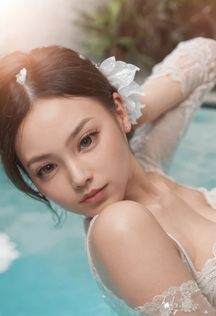 best qualtiy, tmasterpiece, 超高分辨率, (realisticlying:1.5), RAW photogr, Top-down view,1girll, full bodyesbian,Raised sexy,plumw,(fullnude:1.5),cleavage, flashing breasts ,(invisible lingerie:1.3),At the pool,The lower body is soaked in water,Upper body lying on the edge of the pool,Get wet all over your body,soaking wet hair