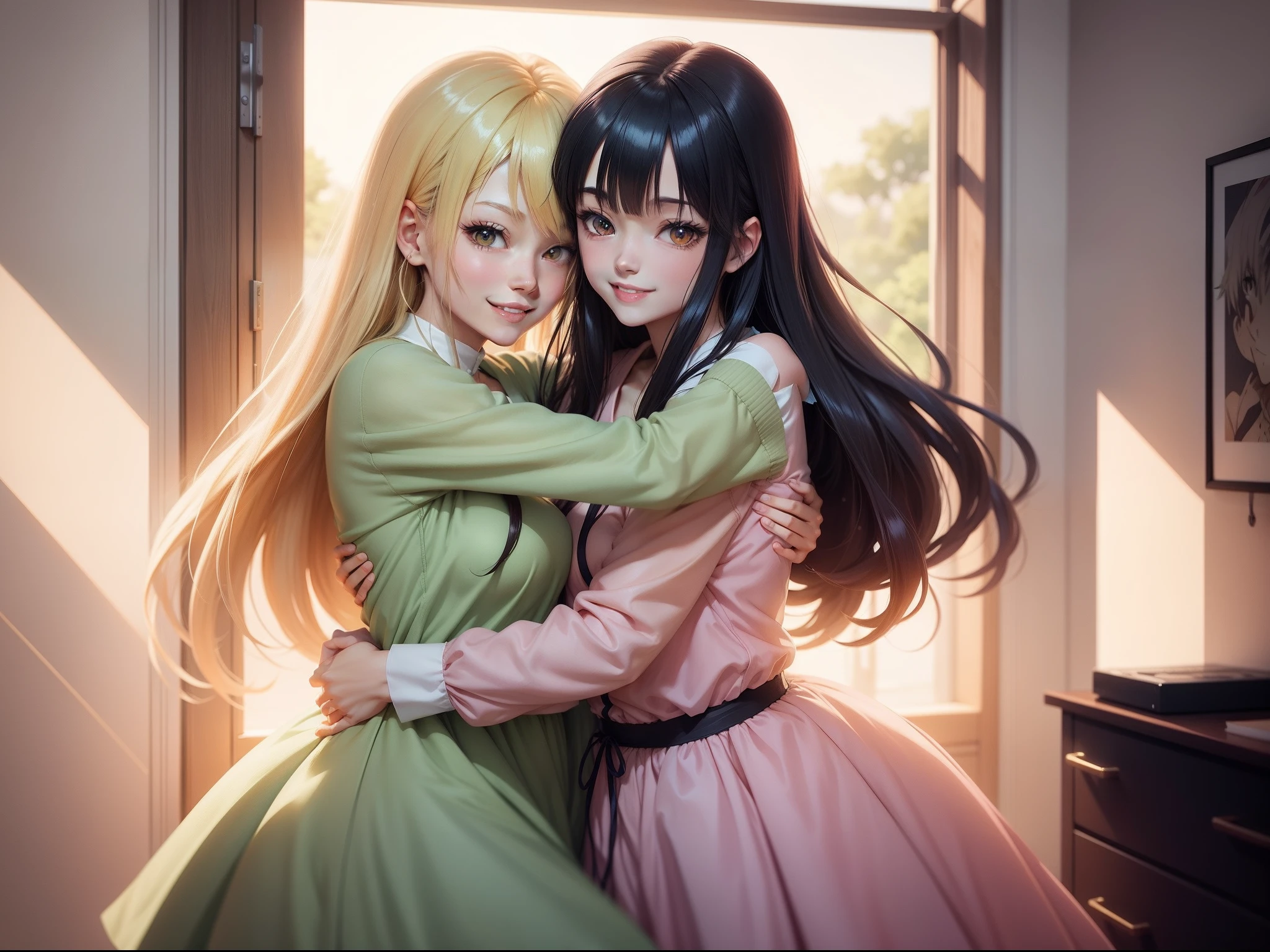 Anime characters hugging and smiling in manga, In anime style, lovely art style, Anime art style, in an anime style, High Quality Anime Art Style, anime art style, subtle anime style, anime realism style, Cute anime style, Realistic anime art style, High-quality fanart, beautiful anime art style, realistic anime artstyle, very anime style, Anime Pictures