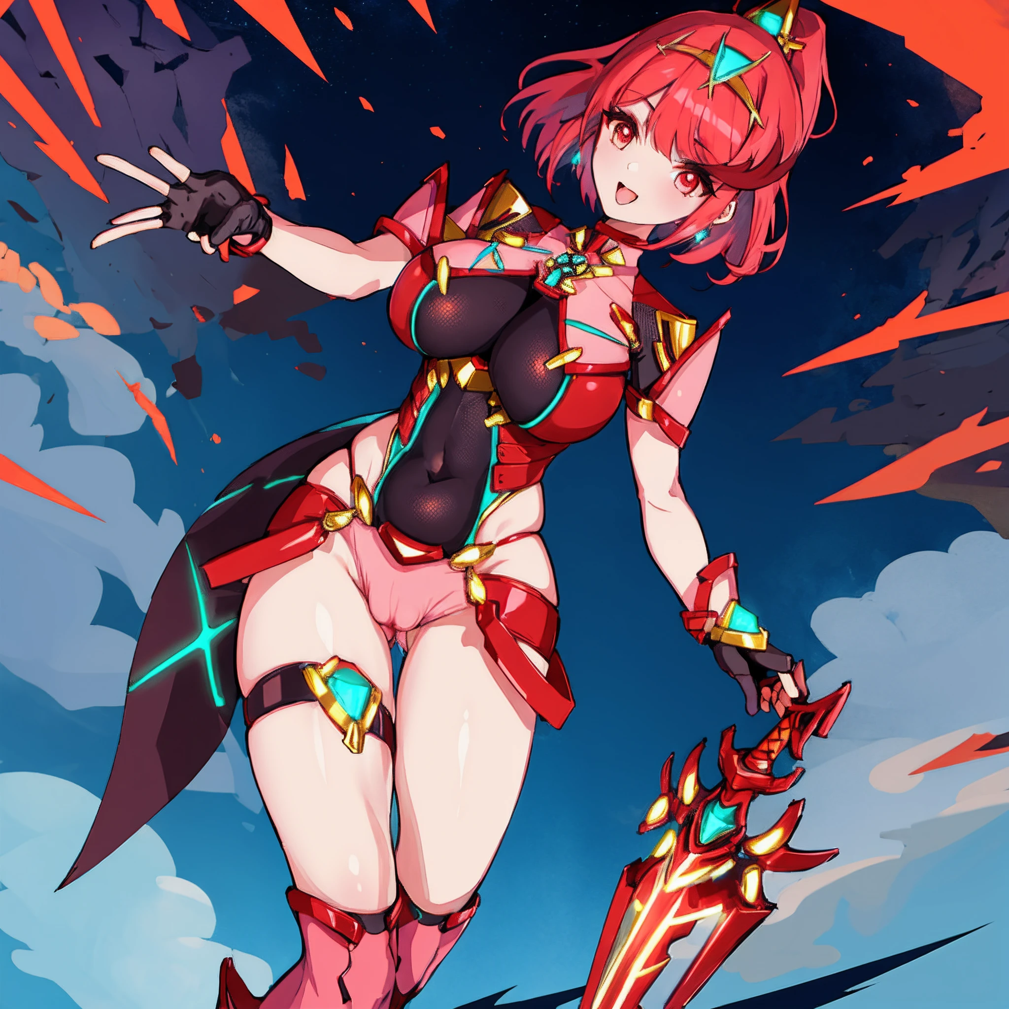 pyra \(xenoblade\), _1girl, loliarmor, bangs, black gloves, breasts, red eyes, light_open_mouth, earrings, eyelashes, fingerless gloves, floating hair, framed breasts, gem, gloves, hair ornament, headpiece, jewelry, big_breasts, leaning back, leotard, neon trim, official art, pose, red hair, red shorts, saitou masatsugu, short hair, short shorts, short sleeves, shorts, sidelocks, skin tight, solo, swept bangs, thighhighs, tiara, fantasy_town_background, turtleneck, underbust, vambraces, xenoblade chronicles \(series\), (xenoblade chronicles 2), (spread_legs:1.1), fire_effect,dynamic_pose,fighting,light_smile, (plump:1.4), big_ass,huge_sword, hold_large_sword_hilt, covered_nipples, (covered_pussy:1.2),cameltoe,back_view, fists,ponytail,plump,beautiful_fingers,(solo:1.1),selfie