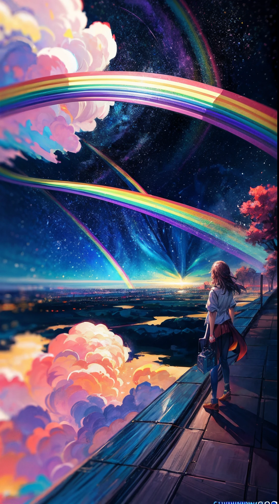 ((Rainbow giant shooting star))、Anime girl looking at the scenery of the big city,Near Future City、 makoto shinkai cyril rolando, anime art wallpaper 4k, anime art wallpaper 4k, Anime art wallpaper 8k, inspired by Cyril Rolando, in the style dan mumford artwork, amazing wallpapers, by Yuumei